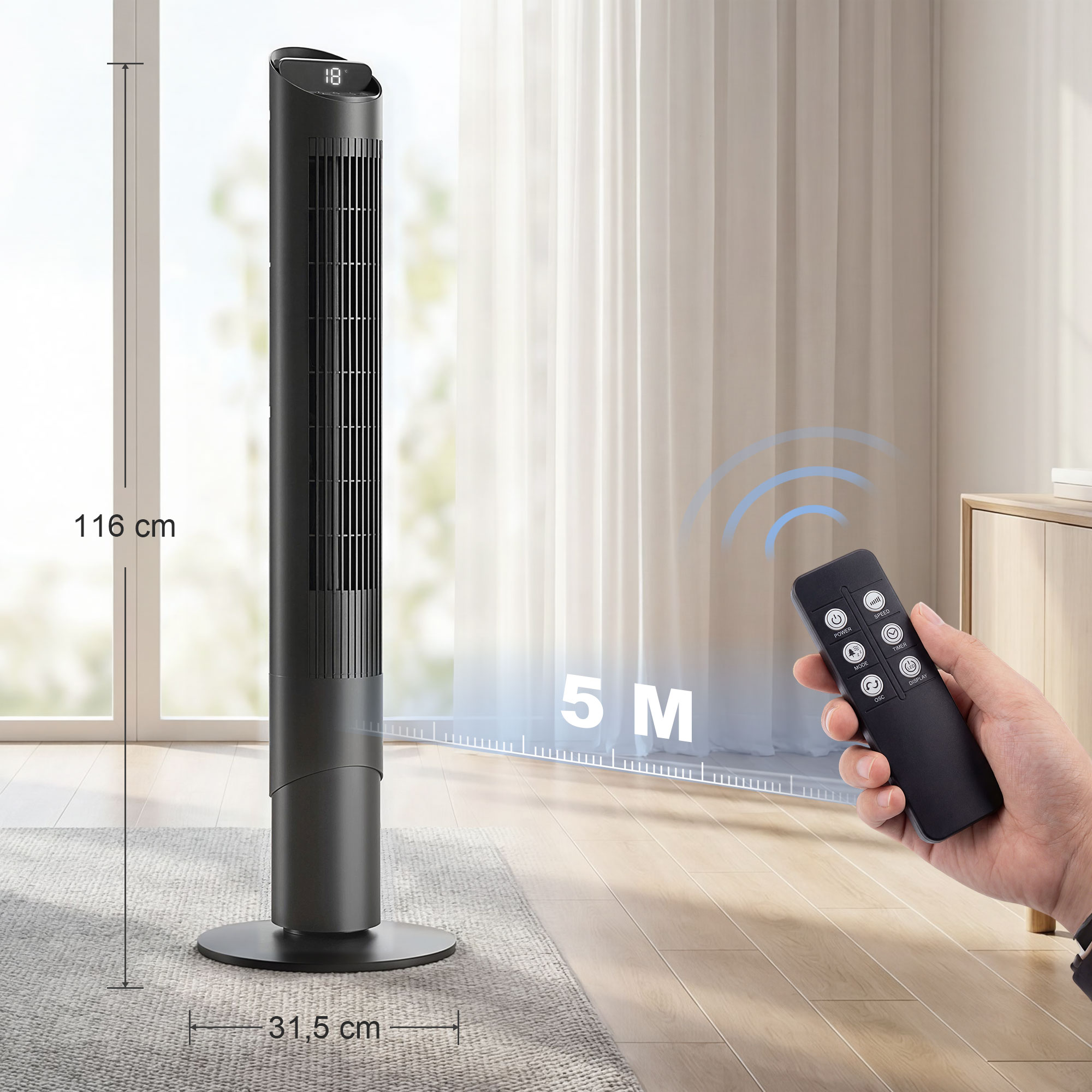 116 cm Turmventilator, Standventilator mit Fernbedienung WiFi App-Steuerung, 65° Oszillation 6 Geschwindigkeiten 4 Modi