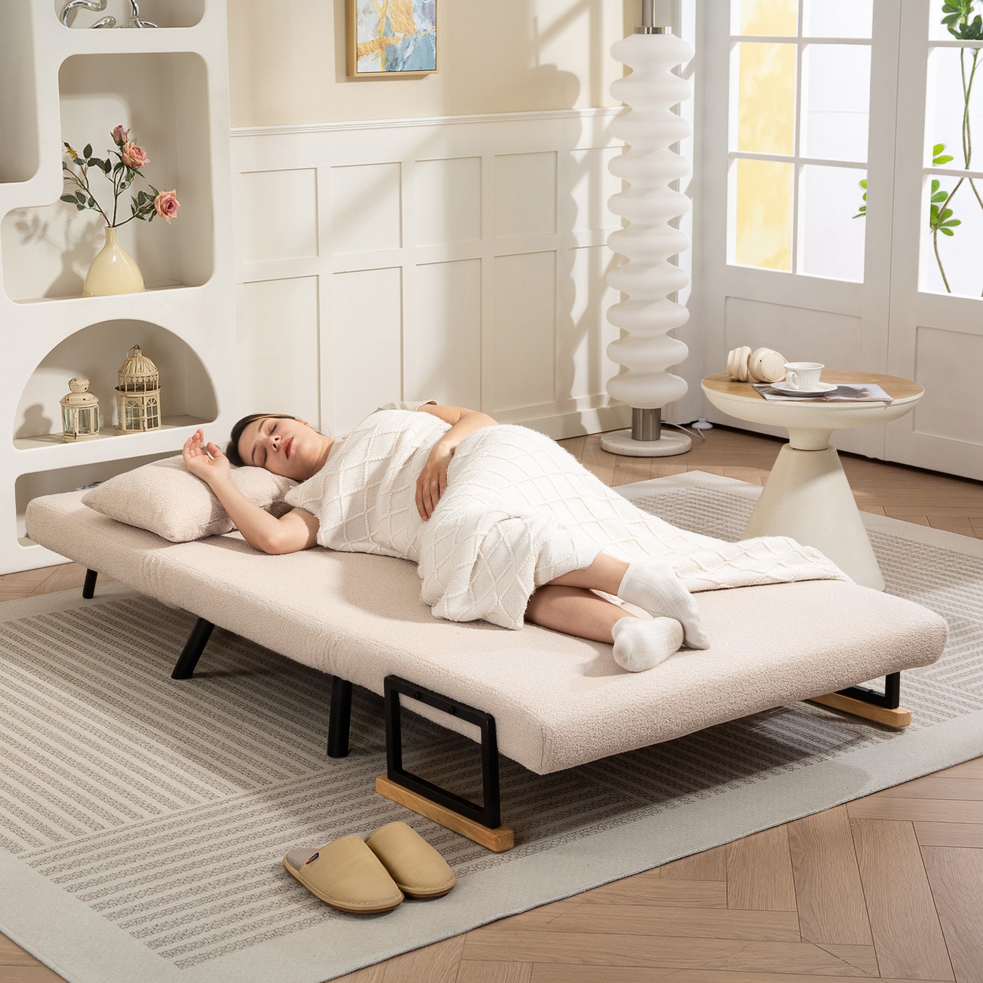 Schlafsofa 2er-Sofa Samtsofa, Schlaffunktion, inkl. 2 Kissen, Samtoptik, Natur + Beige + Schwarz