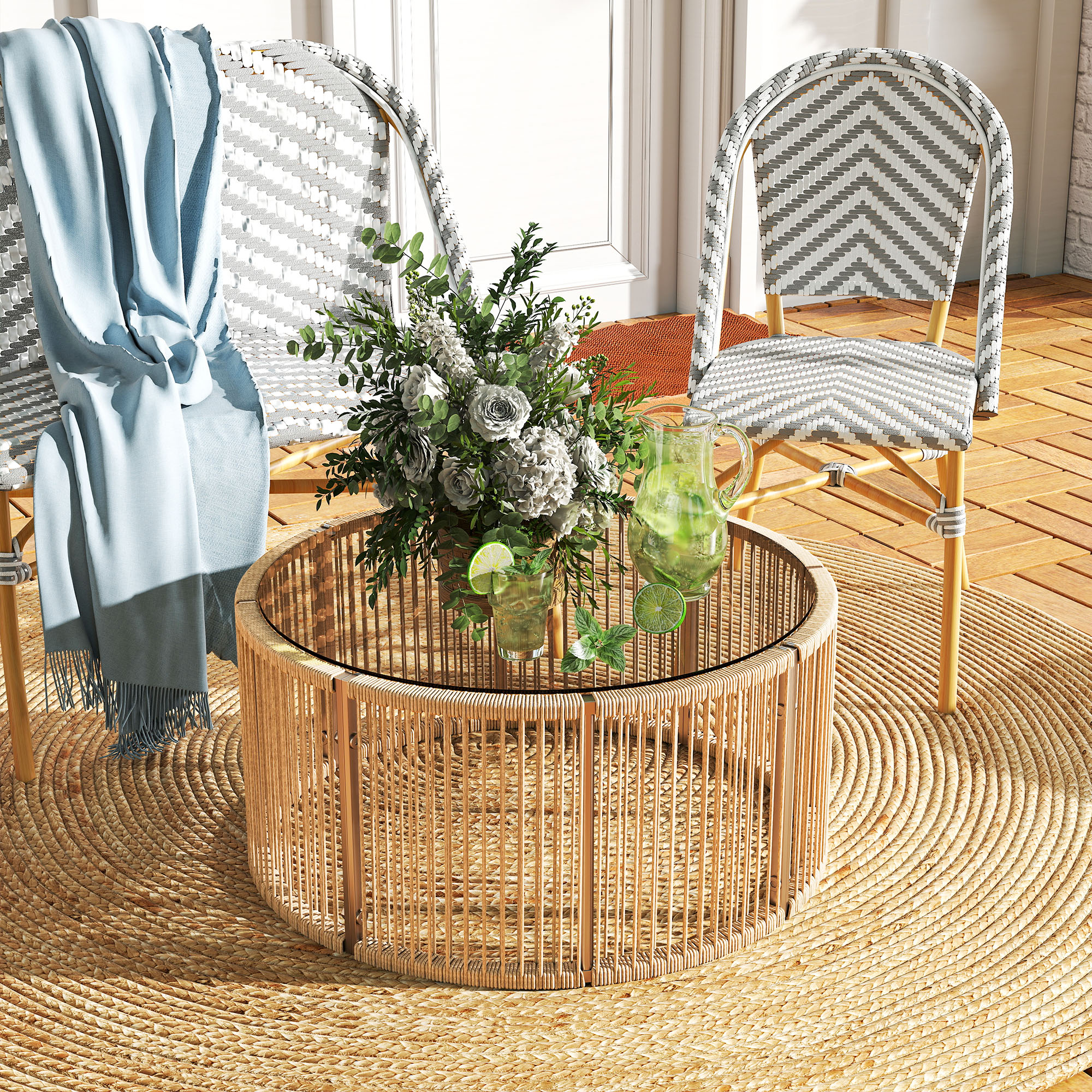 Beistelltisch aus Polyrattan Kaffeetisch mit gehärteter Glasplatte Gartentisch mit Stahlrahmen 70 x 70 x 33 cm Braun