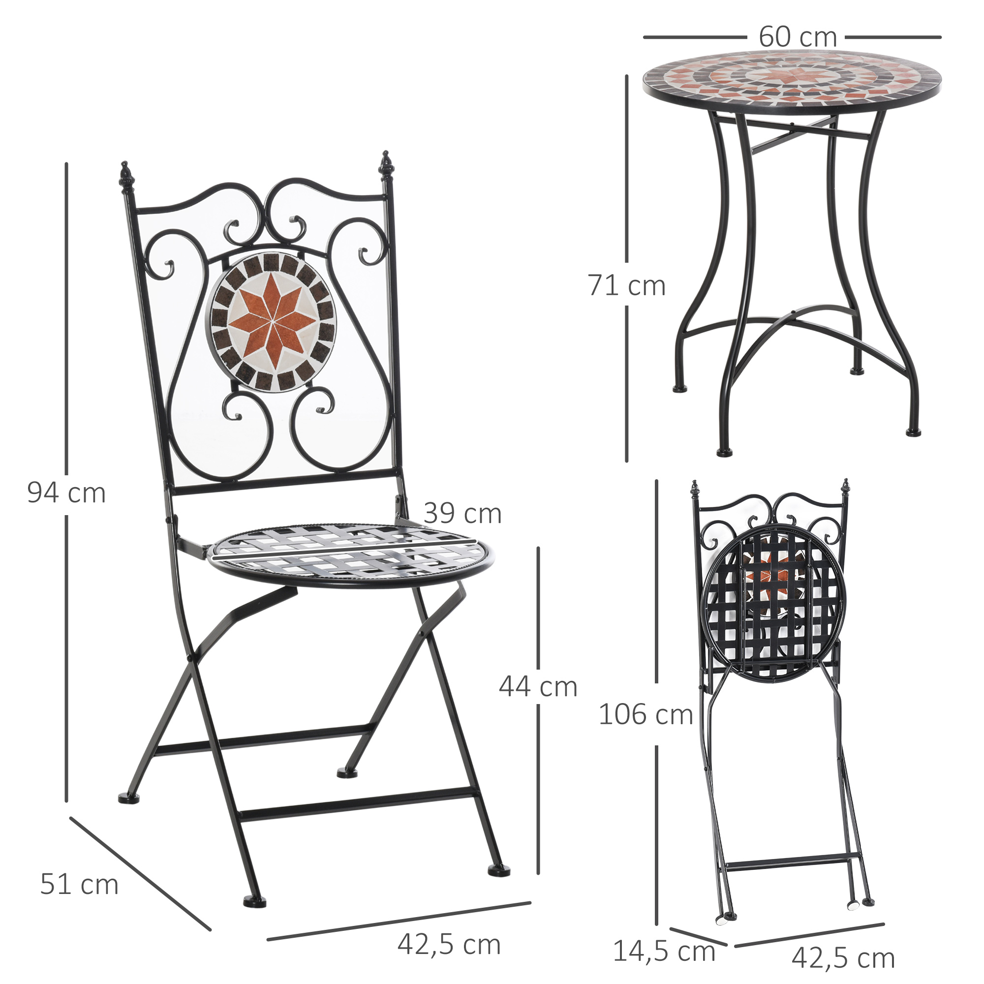 Gartenset Balkonmöbel Set für 2 Personen Mosaiktisch 2 faltbare Stühle Metall Mehrfarbig