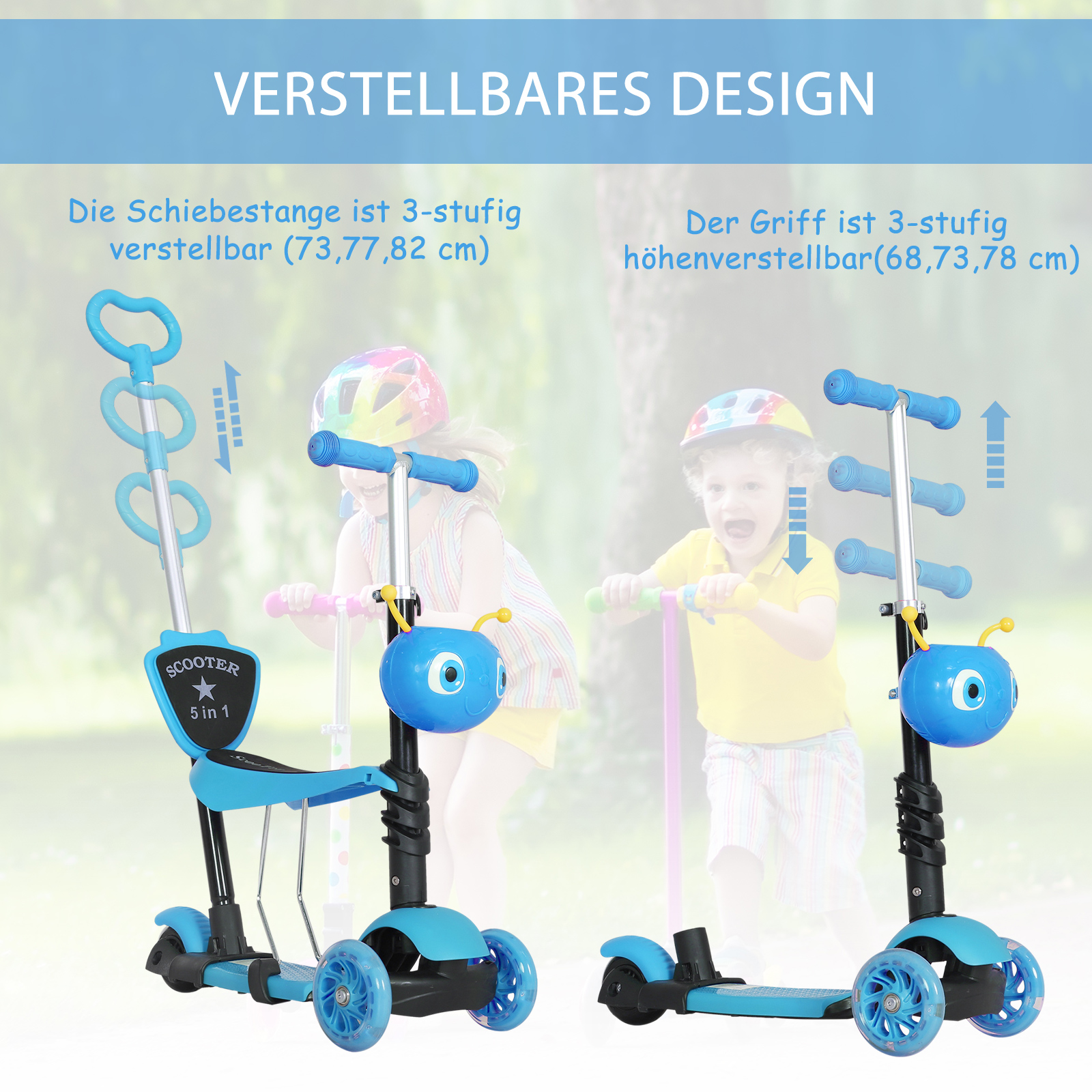 5-in-1 Kinderroller Scooter Tretroller Cityroller Kinder Roller Kickboard Lenker Teleskoprohr höhenverstellbar Blau 62 x 25 x 72,5 cm