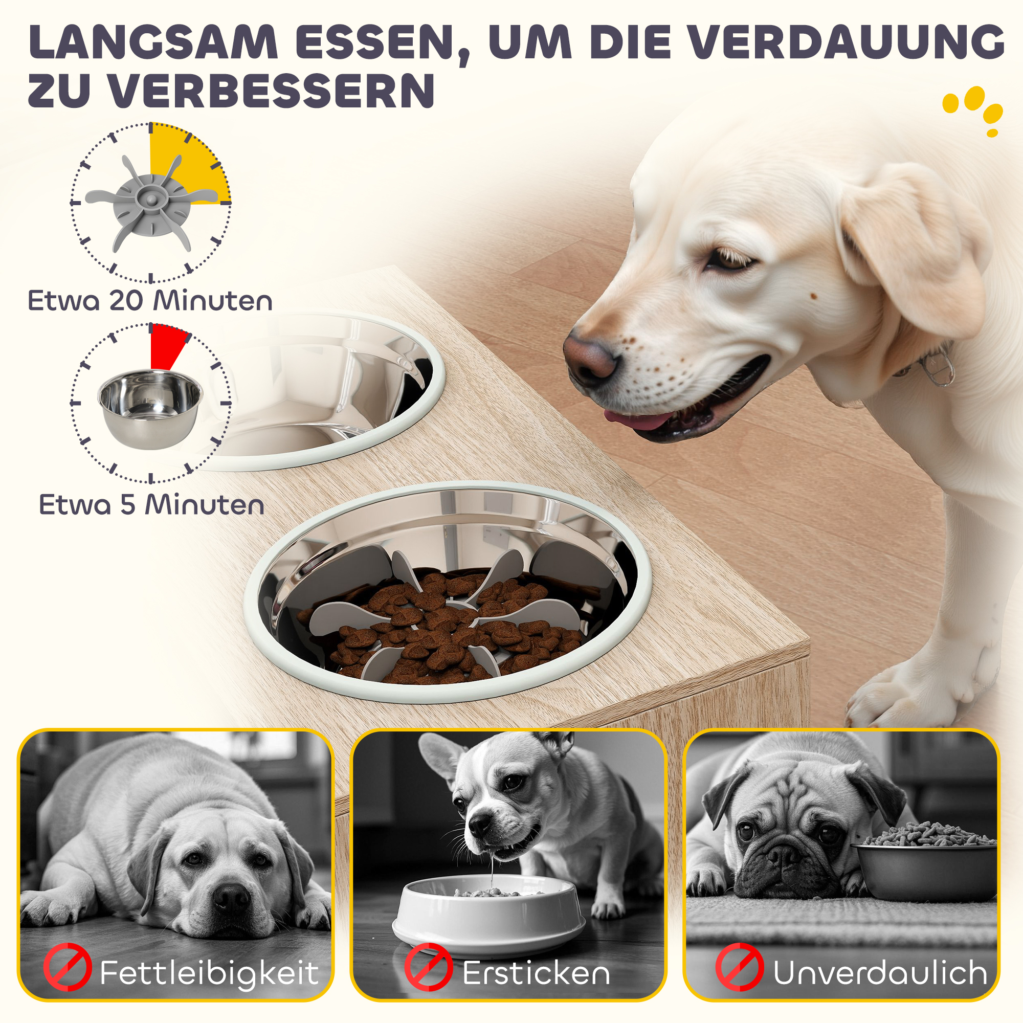 Hundefutterstation mit 2 Edelstahl-Näpfen, Schrank für Utensilien, für große Hunde, Zubehör, Holz