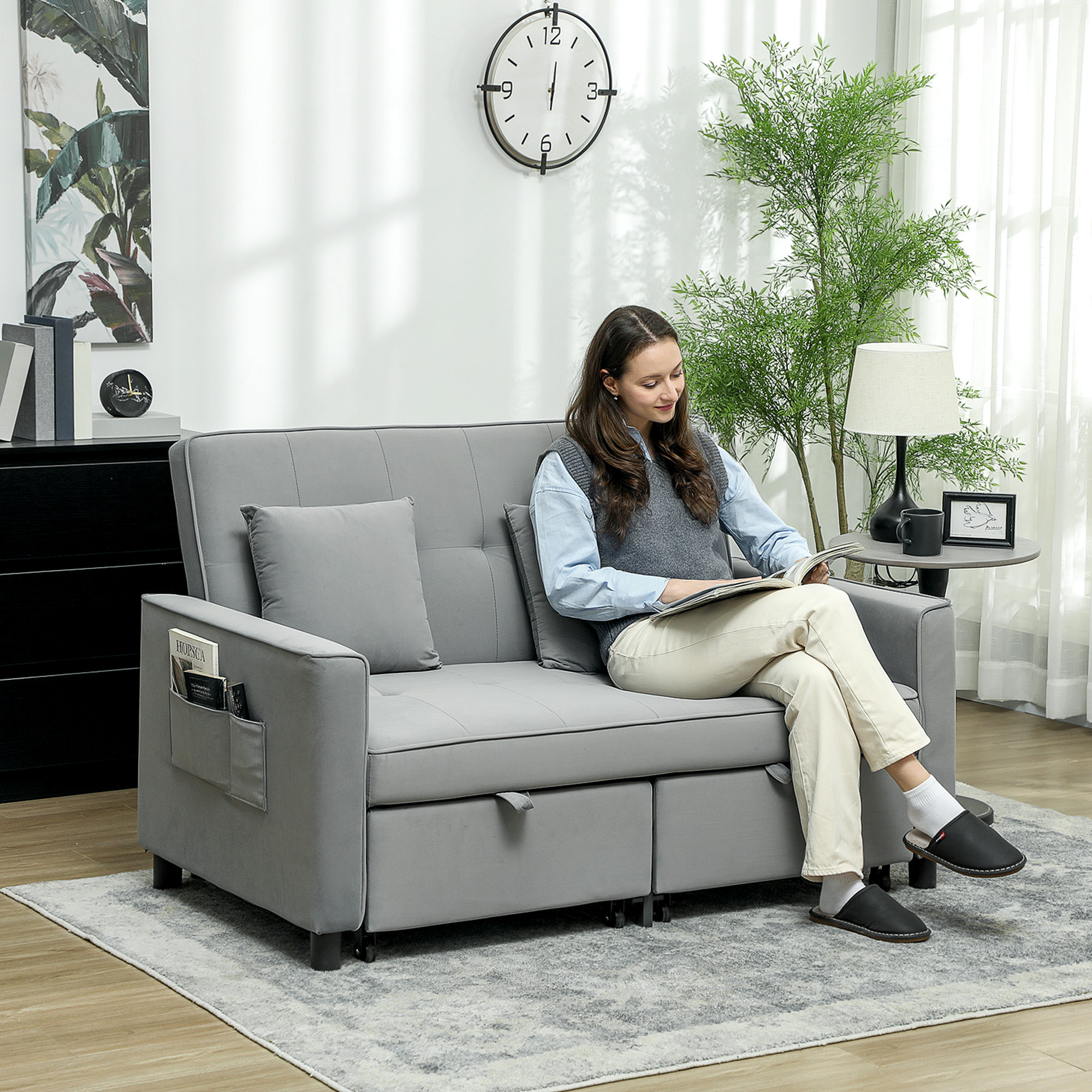 4-in-1 Sofa, verstellbare Couch, Sofabett, mit Kissen, Stoffbezug, für Wohnzimmer, Schlafzimmer, Grau