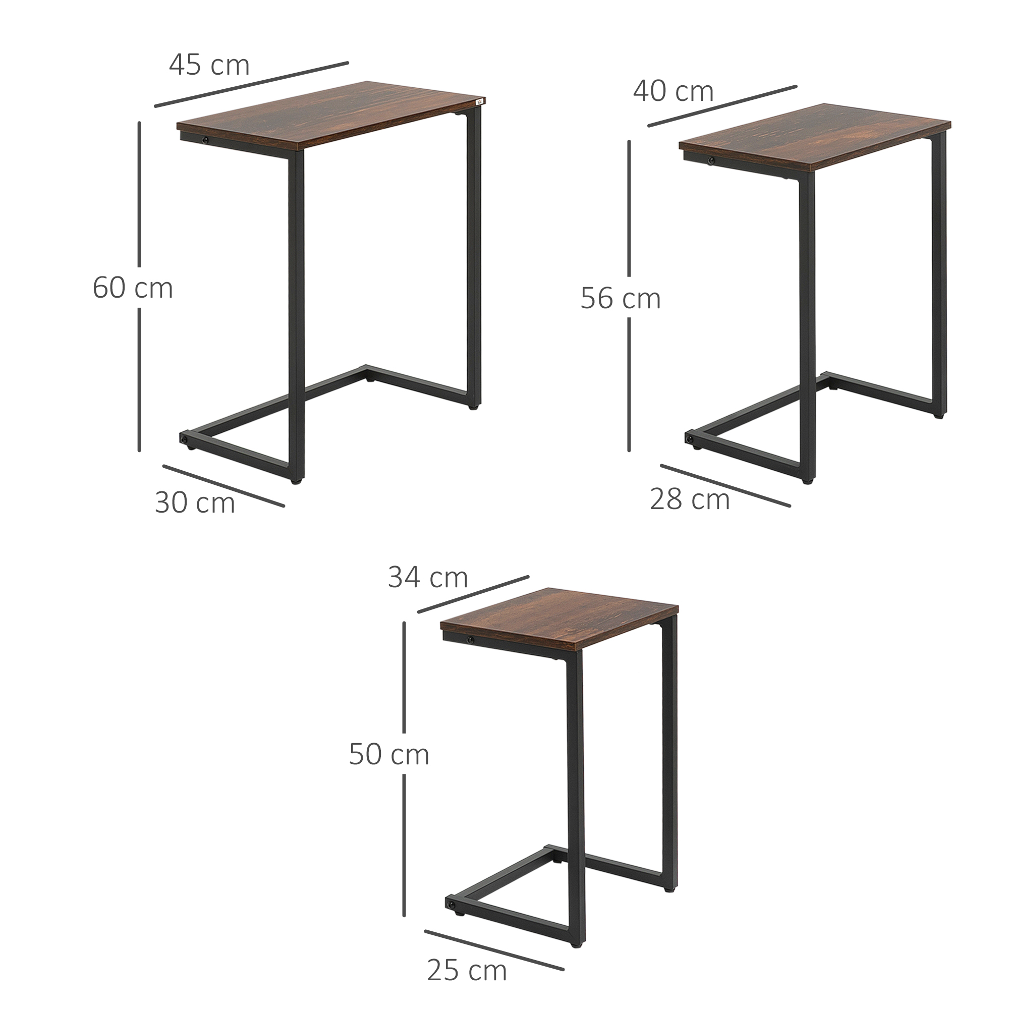 Satztisch, Beistelltisch, 3er-Set, Industrial Design, Stahlrahmen, braun+schwarz, 45 x 30 x 60cm
