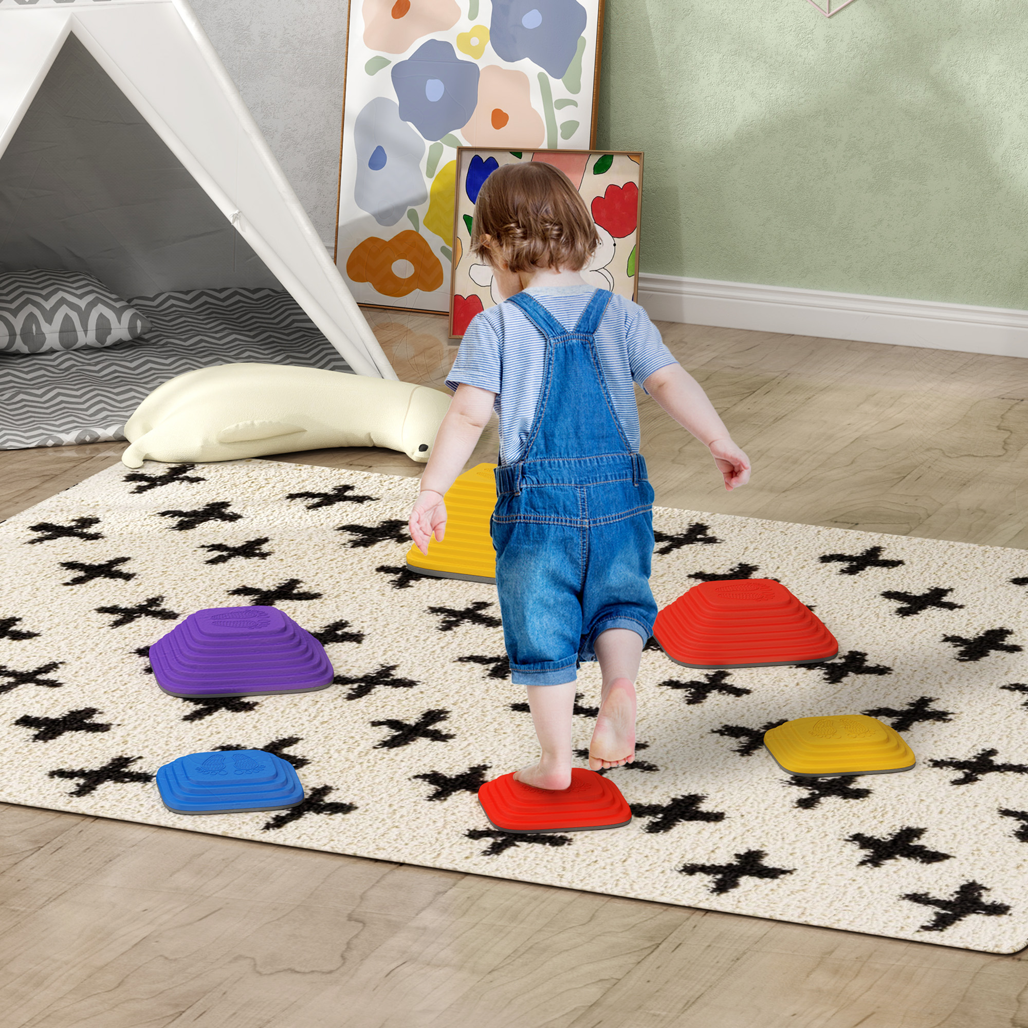 Balance-Trittsteine für Kinder, 6 Teile, Rutschfest, Hindernislauf-Steine, für Motorik-Förderung, Kunststoff, Bunt