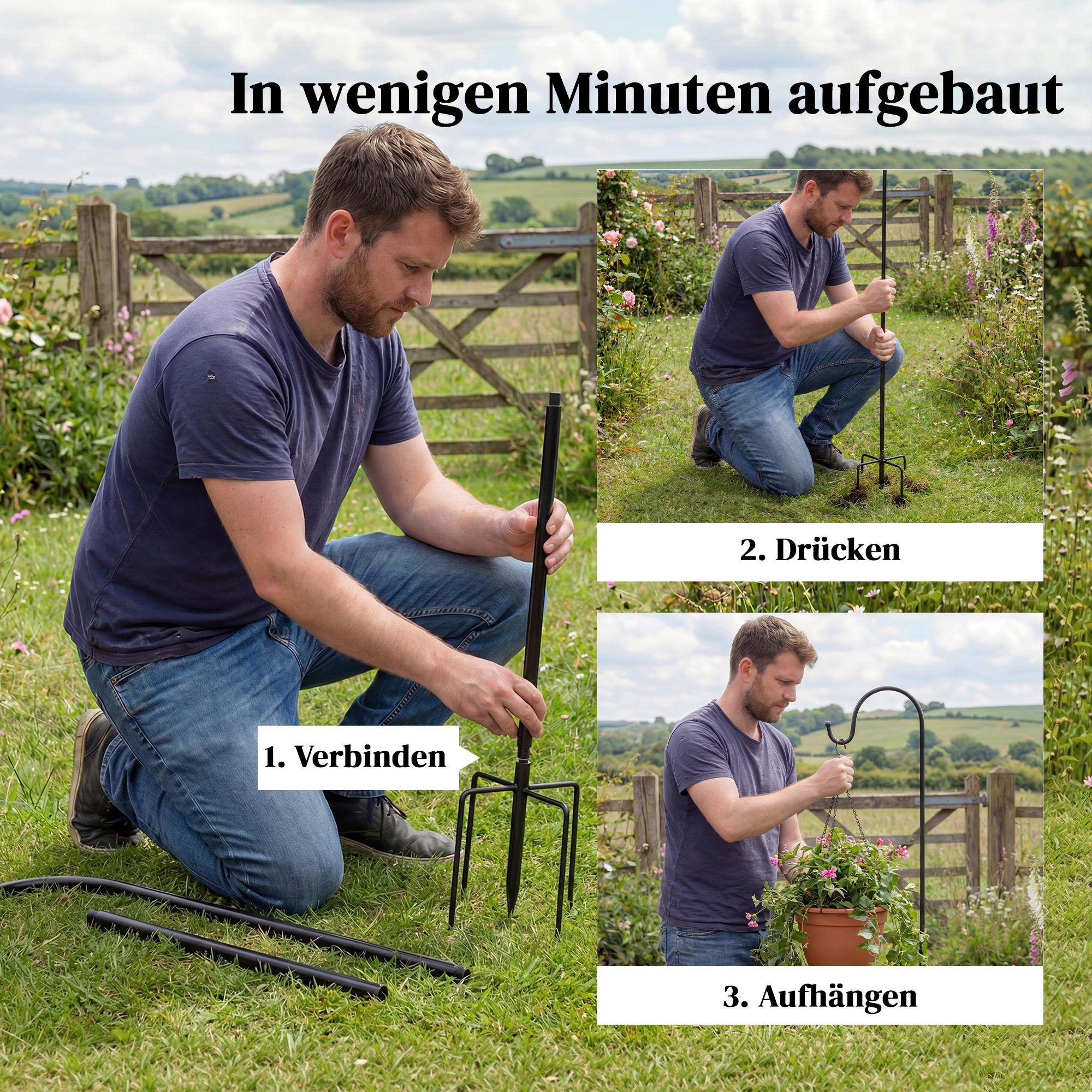 Schäferhaken 160cm, 2 Stück Hirtenhaken mit 5 Zinken Haken Laternenstab für Solarleuchten Pflanzkörbe Schwarz