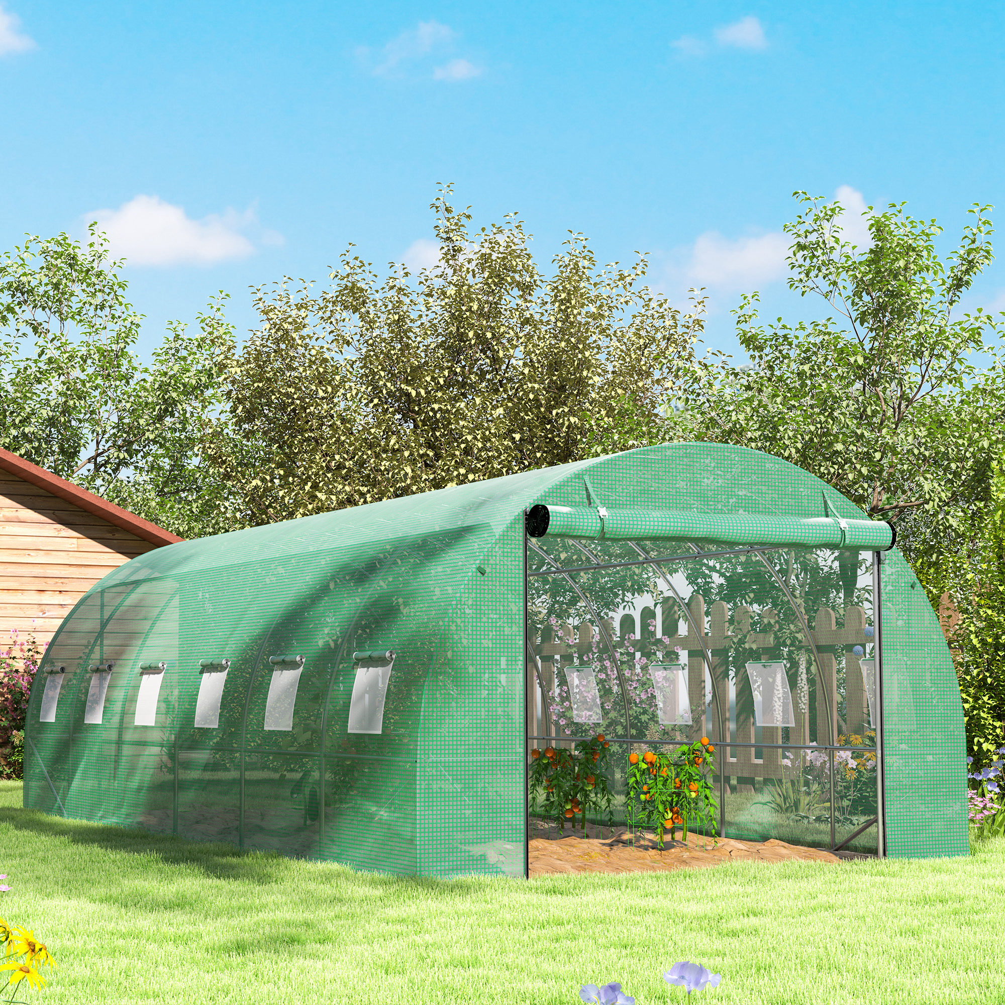 Polytunnel Gewächshaus mit Kunststoff-Abdeckung und Stahlrahmen, begehbares Gewächshauszelt mit Rolltüren, Grün