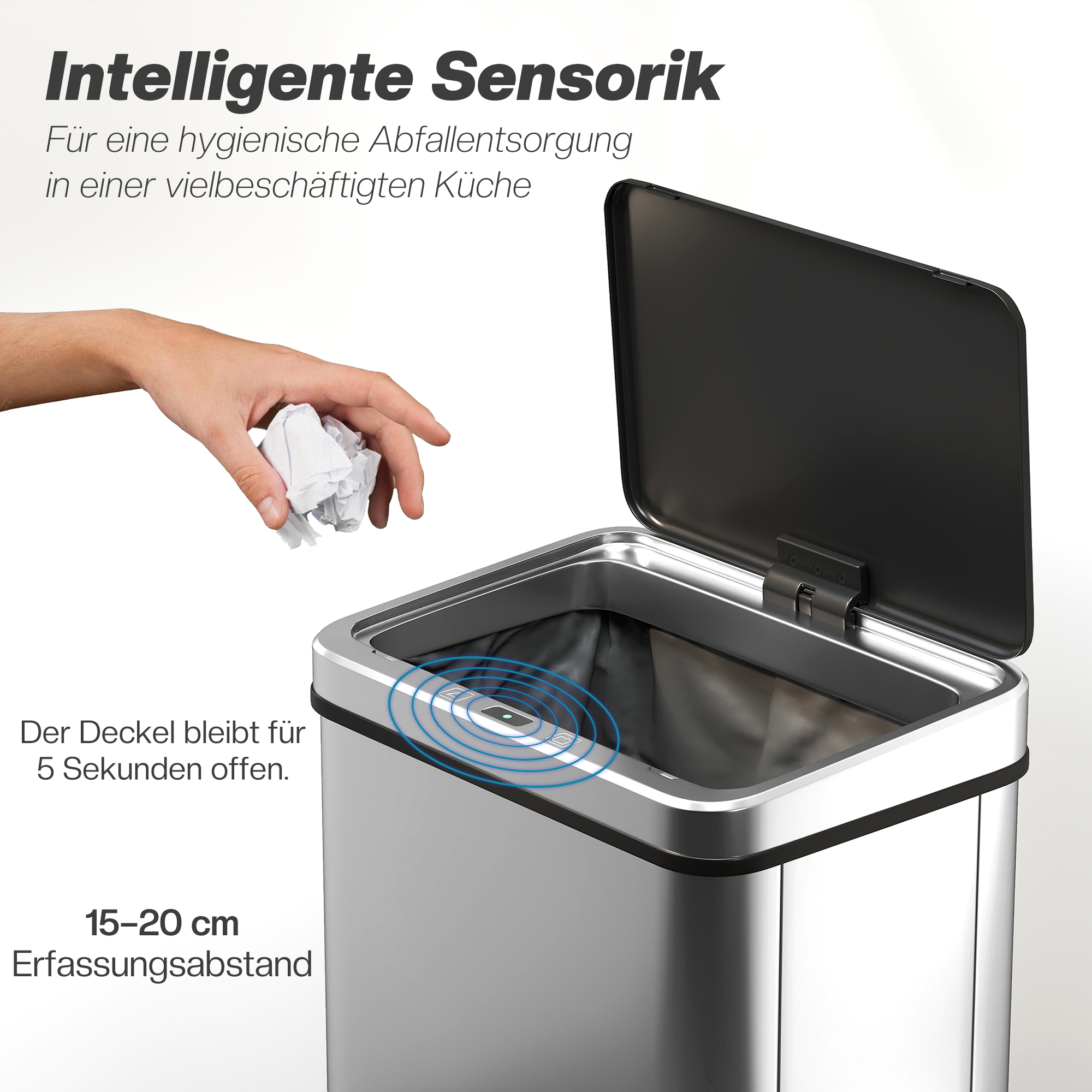 Sensor Mülleimer 50L Edelstahl Automatischer Mülleimer mit Soft-Close-Deckel Bewegungssensor 35,5 x 26 x 67 cm Silber