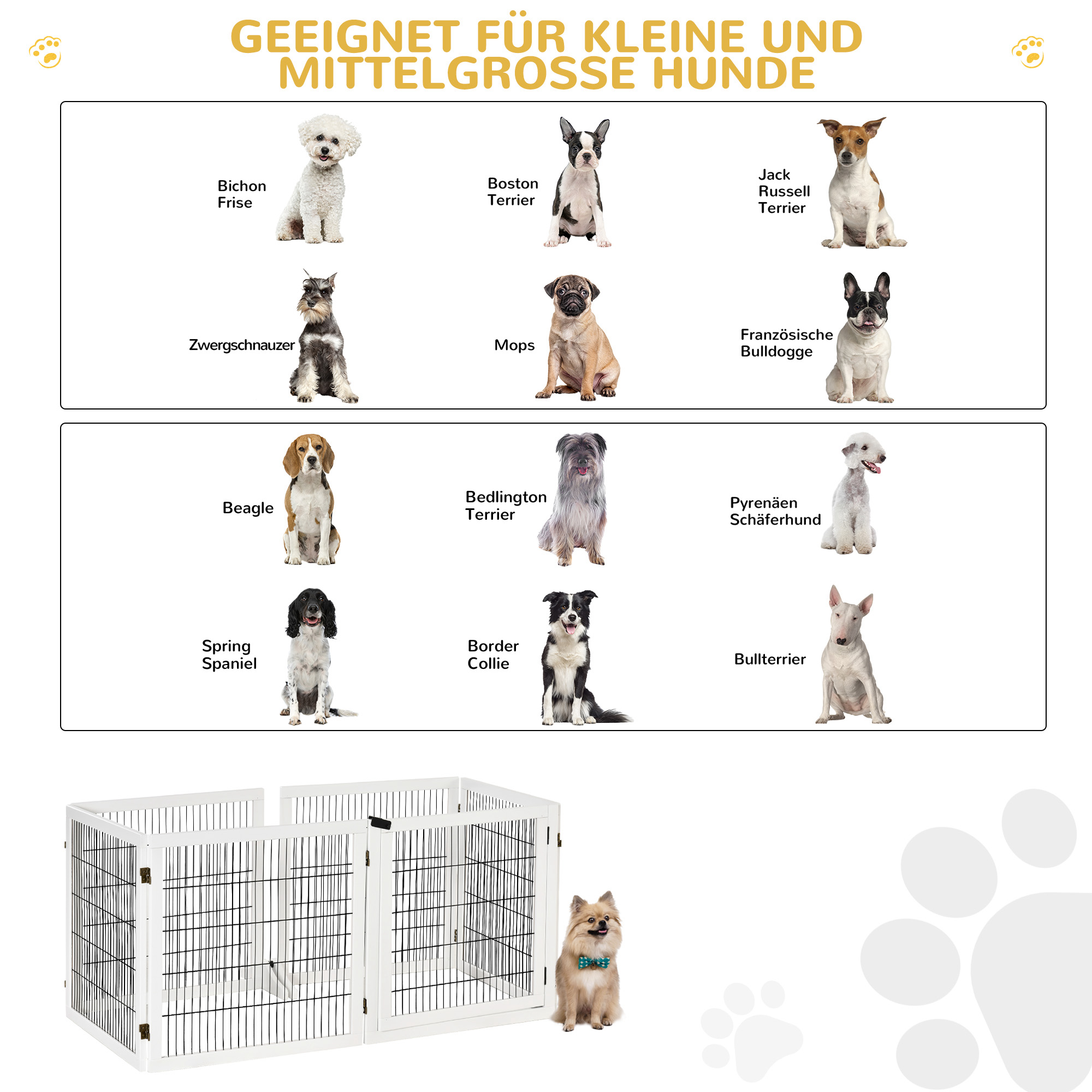 Absperrgitter für Hunde, klappbar, 432 x 36 x 70 cm, Kiefernholz, Weiß