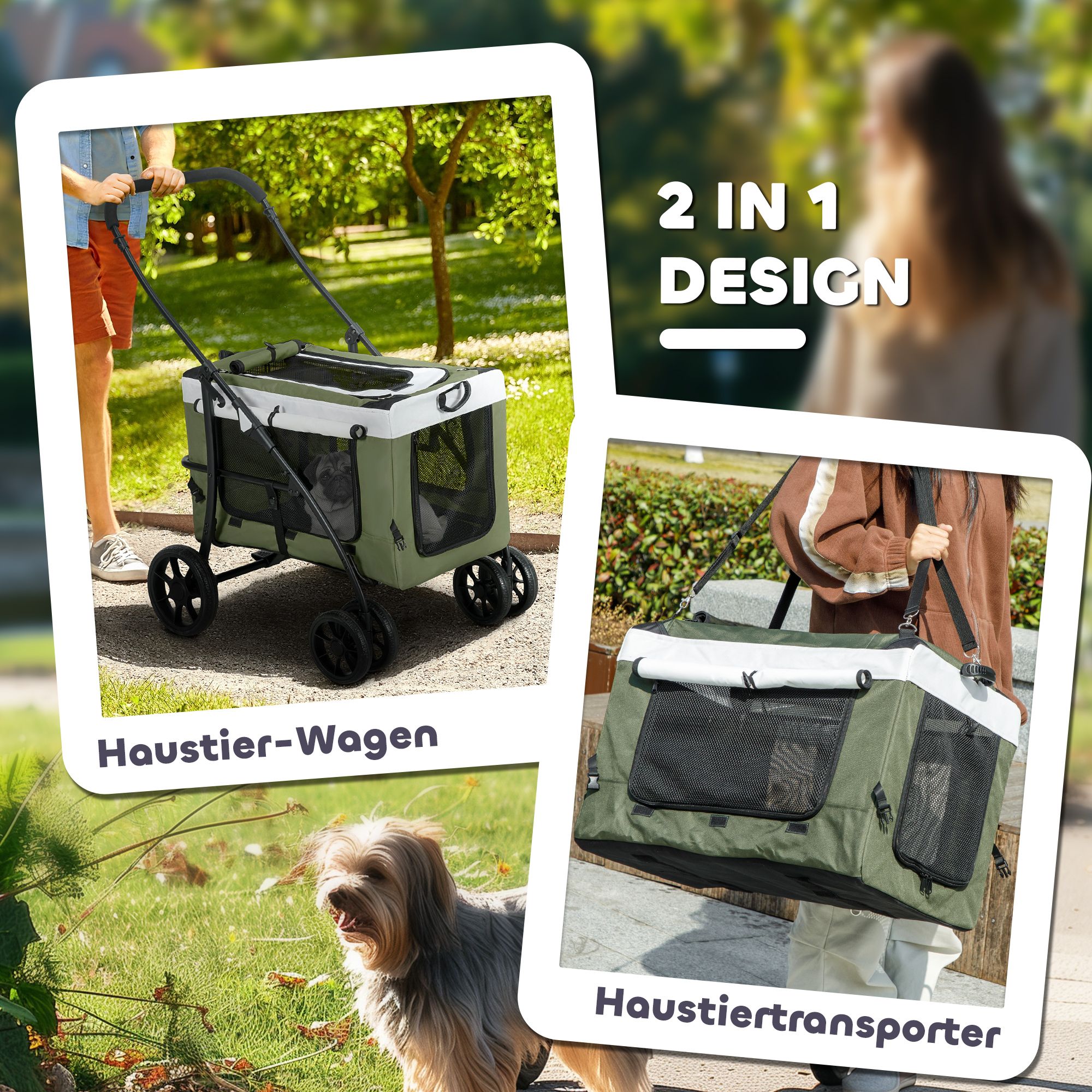 Hundbuggy Haustierbuggy Hundewagen, klappbar, abnehmbarer Korb, 81 x 58 x 97,5 cm, Schwarz+Dunkelgrün+Weiß