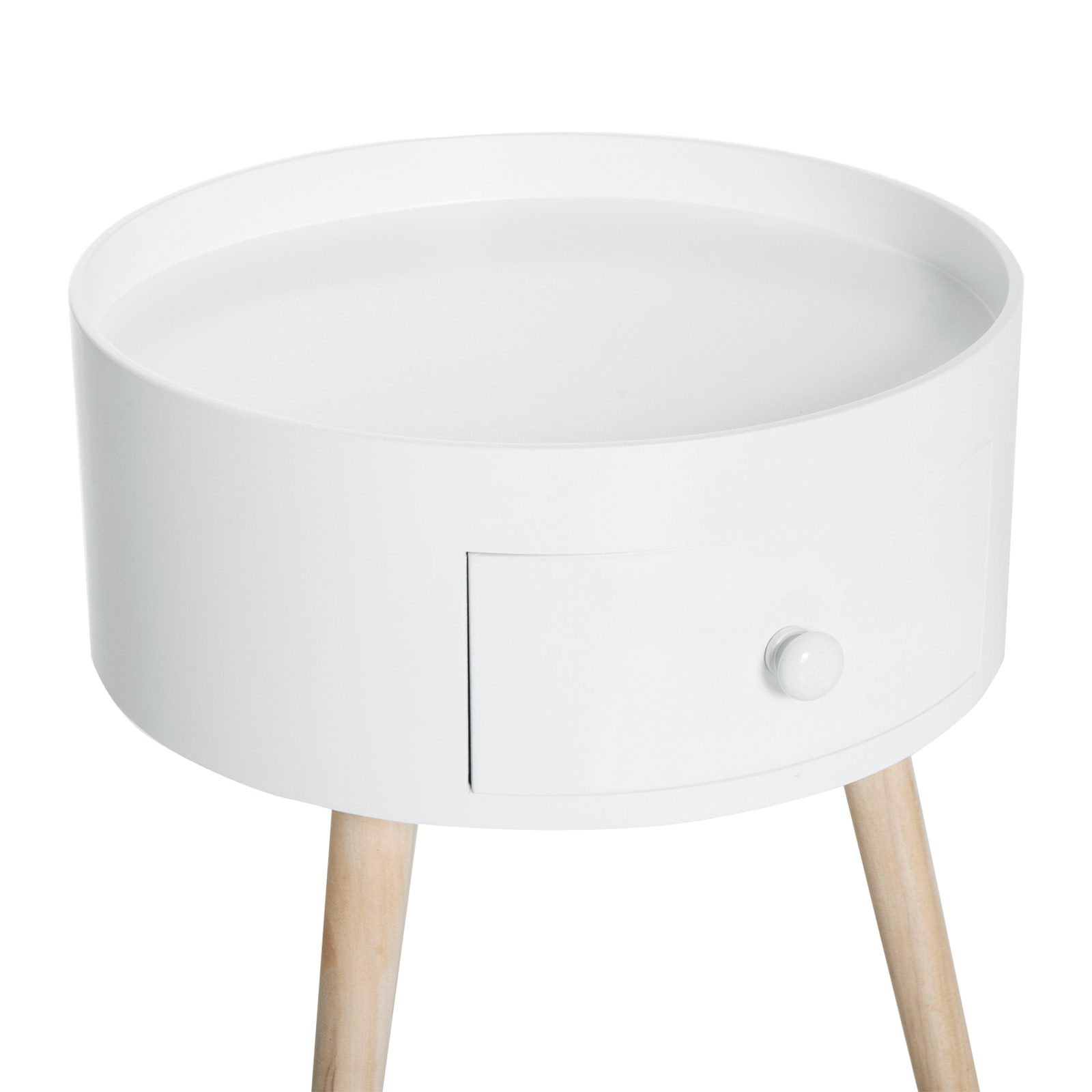 Couchtisch mit Schublade, rund, Skandi-Design, Schutzrand, Holz, Ø38 x H45 cm, Weiß