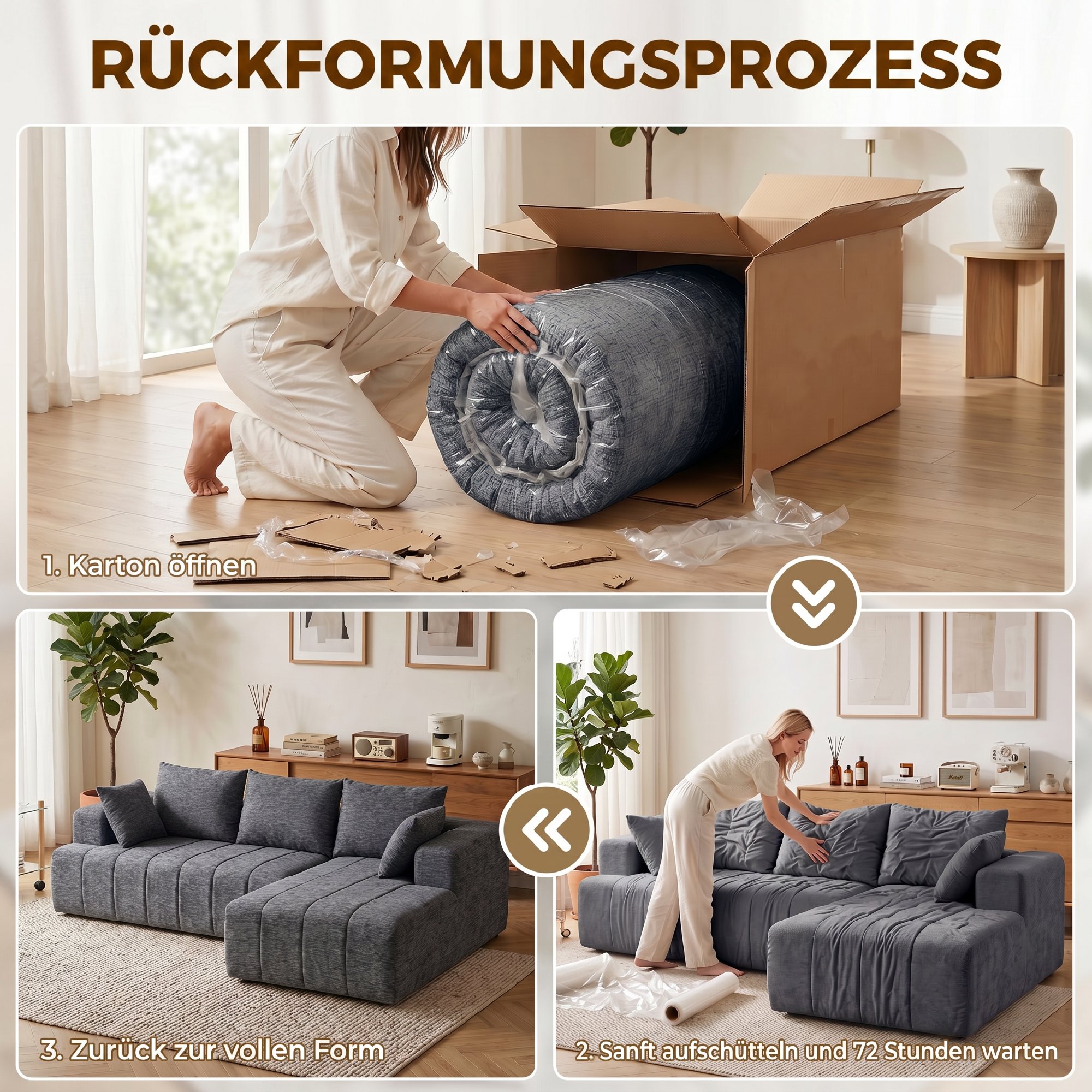 3-Sitzer Ecksofa in L-Form mit Ottomane, wandelbares Chenille-Cloud-Schlafsofa mit Federkernpolsterung, Grau