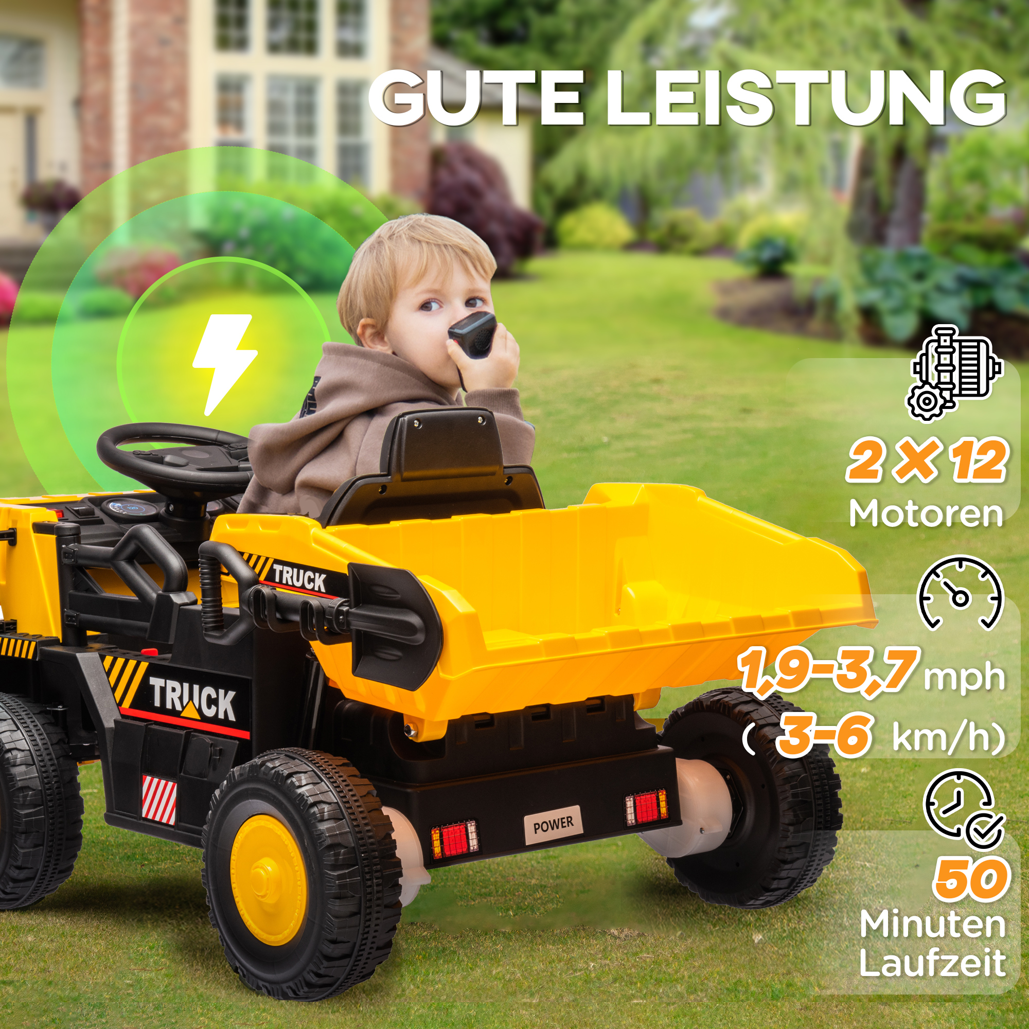 Elektro-Kipplaster, 3-6 km/h, Rutschauto, kippbare Ladefläche, Licht & Musik, für 3-5 Jahre