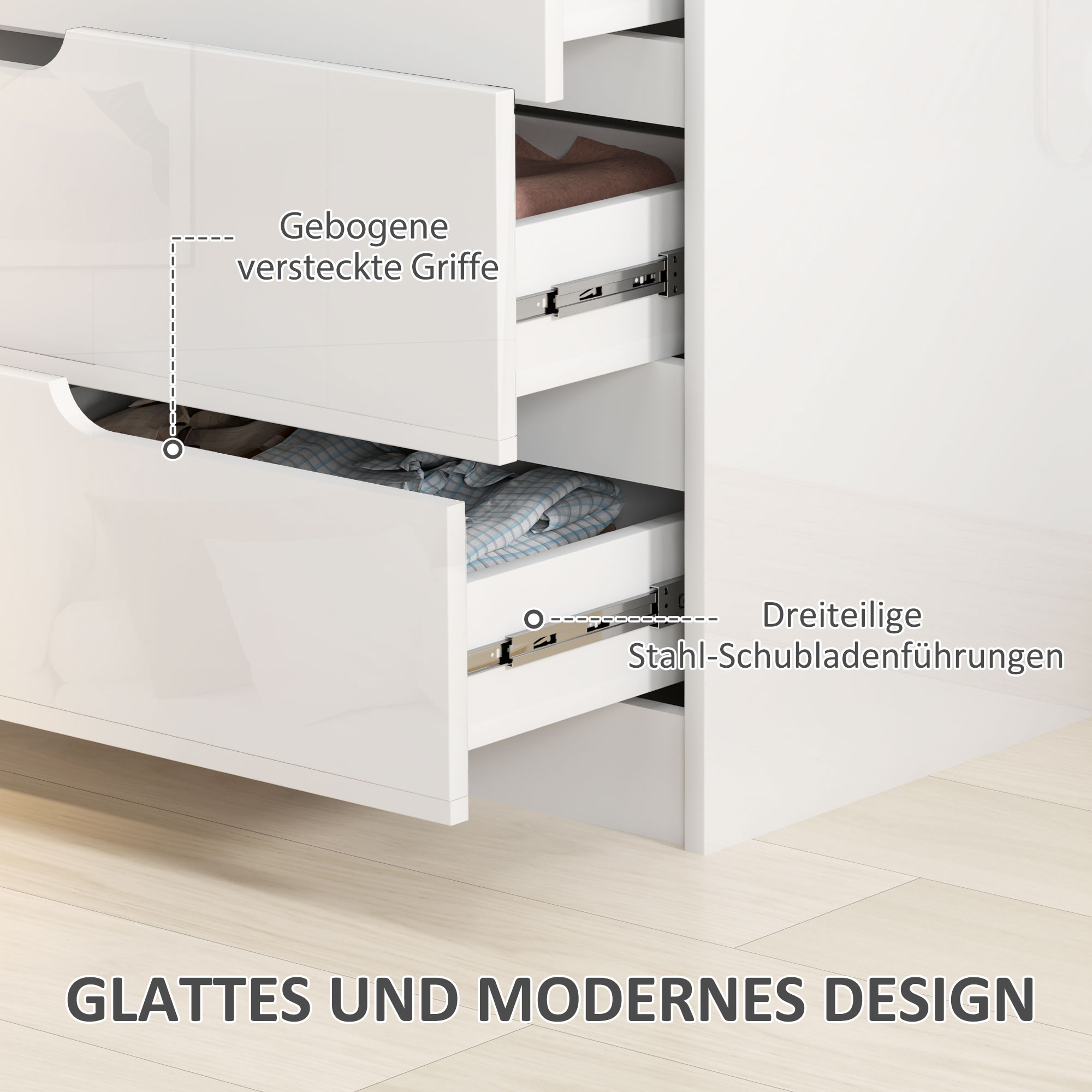 Moderne Kommode, Kleiderschrank, 4 Schubladen, Holz, Kippschutz, Fußpolster, Weiß