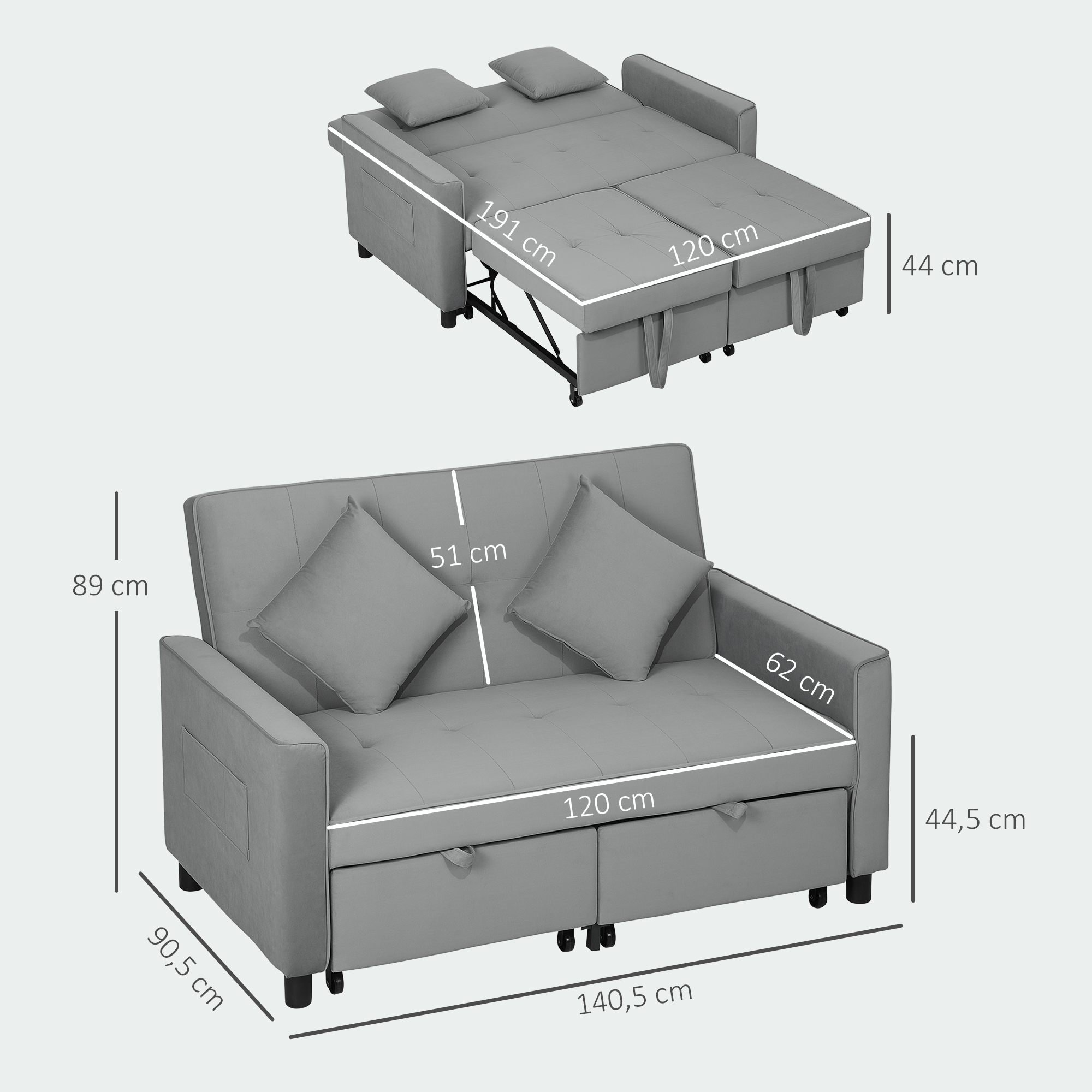 4-in-1 Sofa, verstellbare Couch, Sofabett, mit Kissen, Stoffbezug, für Wohnzimmer, Schlafzimmer, Grau