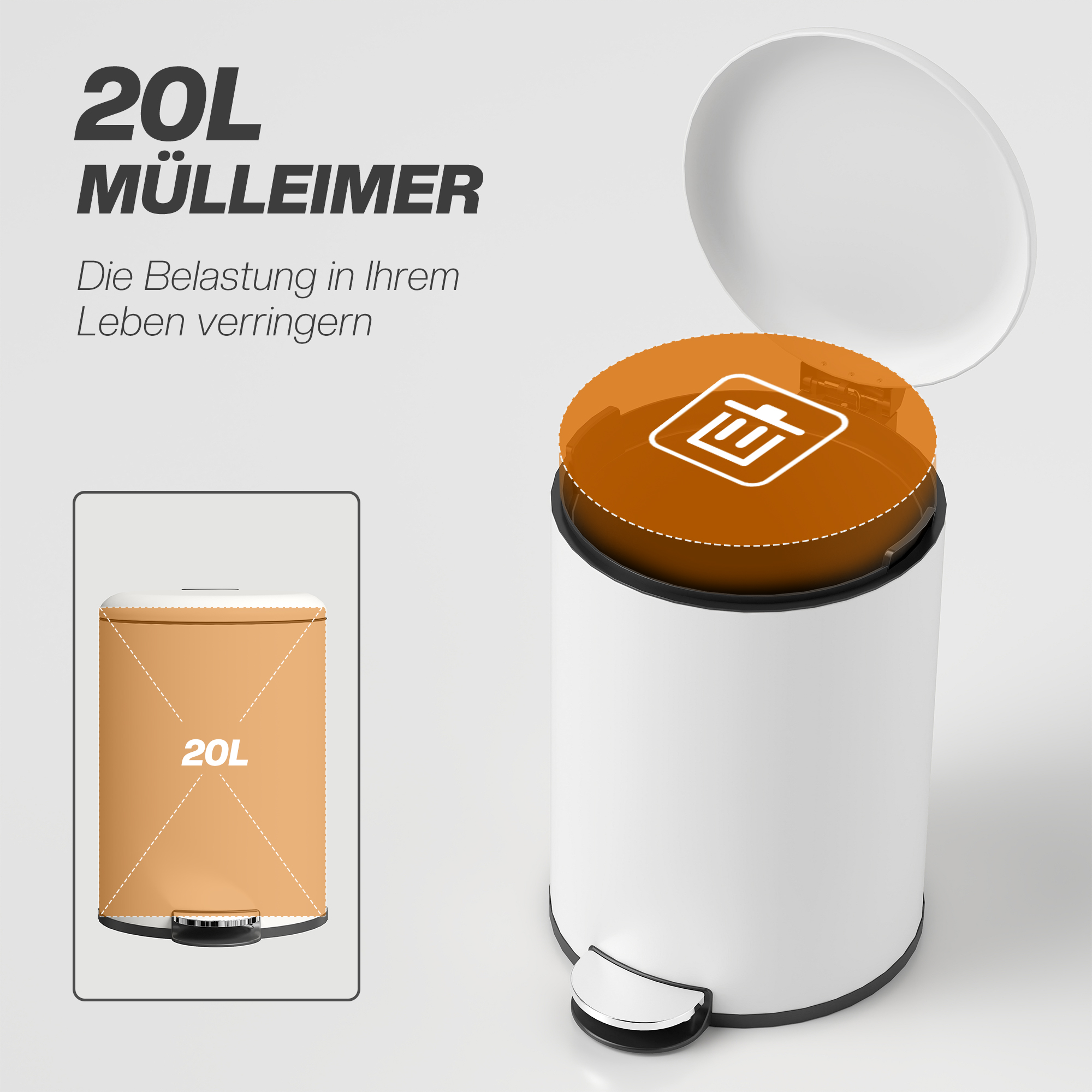 Mülleimer 20L, mit Pedal, Inneneimer, fingerabdrucksicher, leises Schließen, Cremeweiß