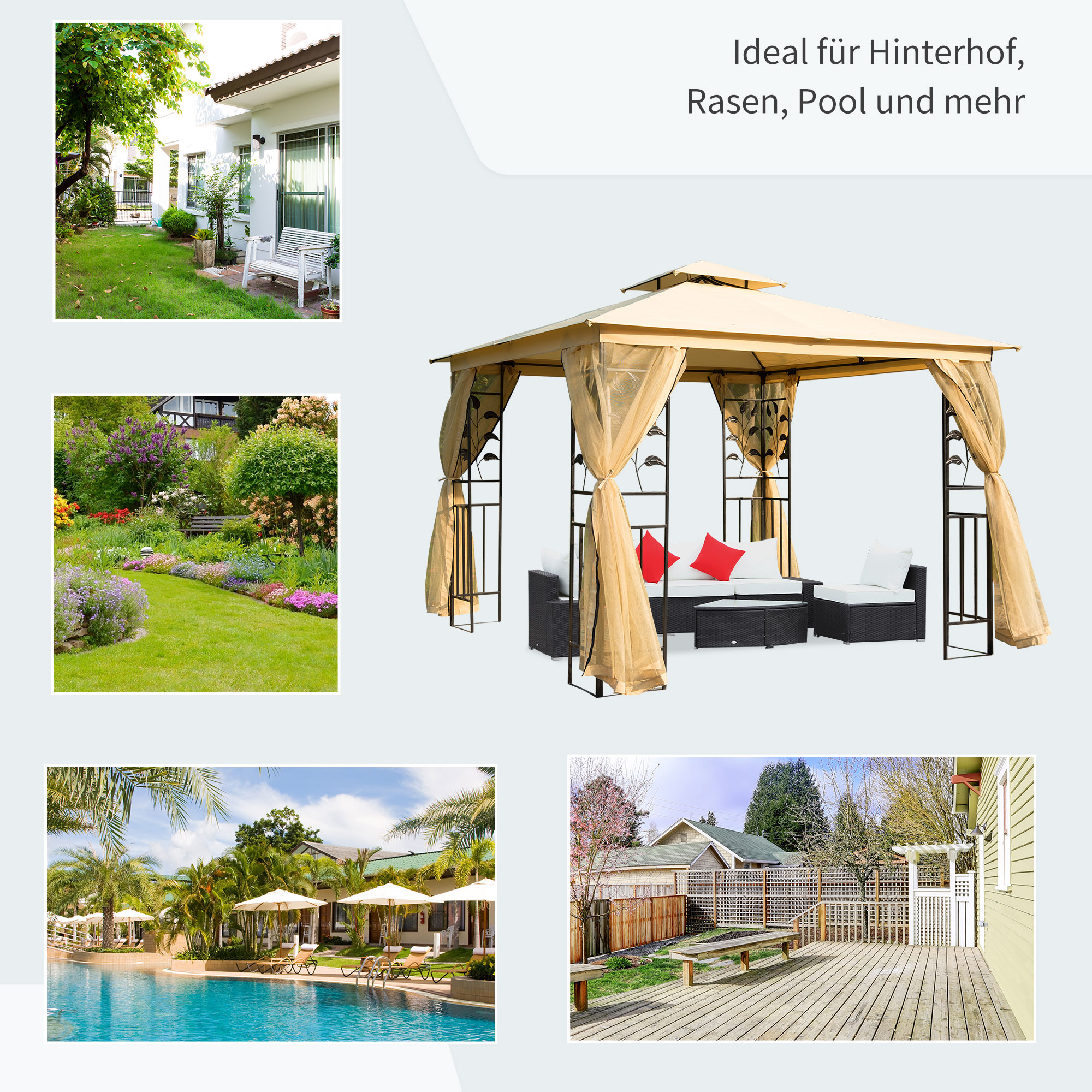 Luxus Pavillon 3x3 m Gartenpavillon mit Doppeldach Partyzelt mit Seitenteilen Festzelt Gartenzelt Pagode Beige
