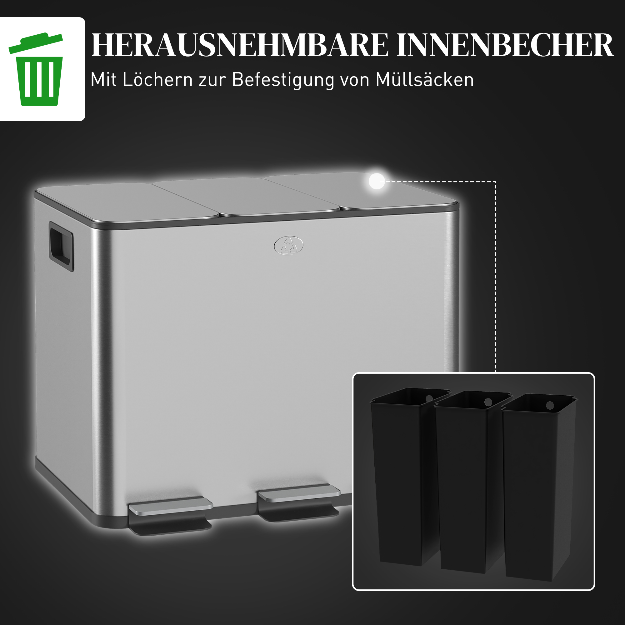 Mülleimer mit 3 x 20l Fächern, Deodorant-Deckel, fingerabdrucksicher, Soft-Close, herausnehmbar, Silber