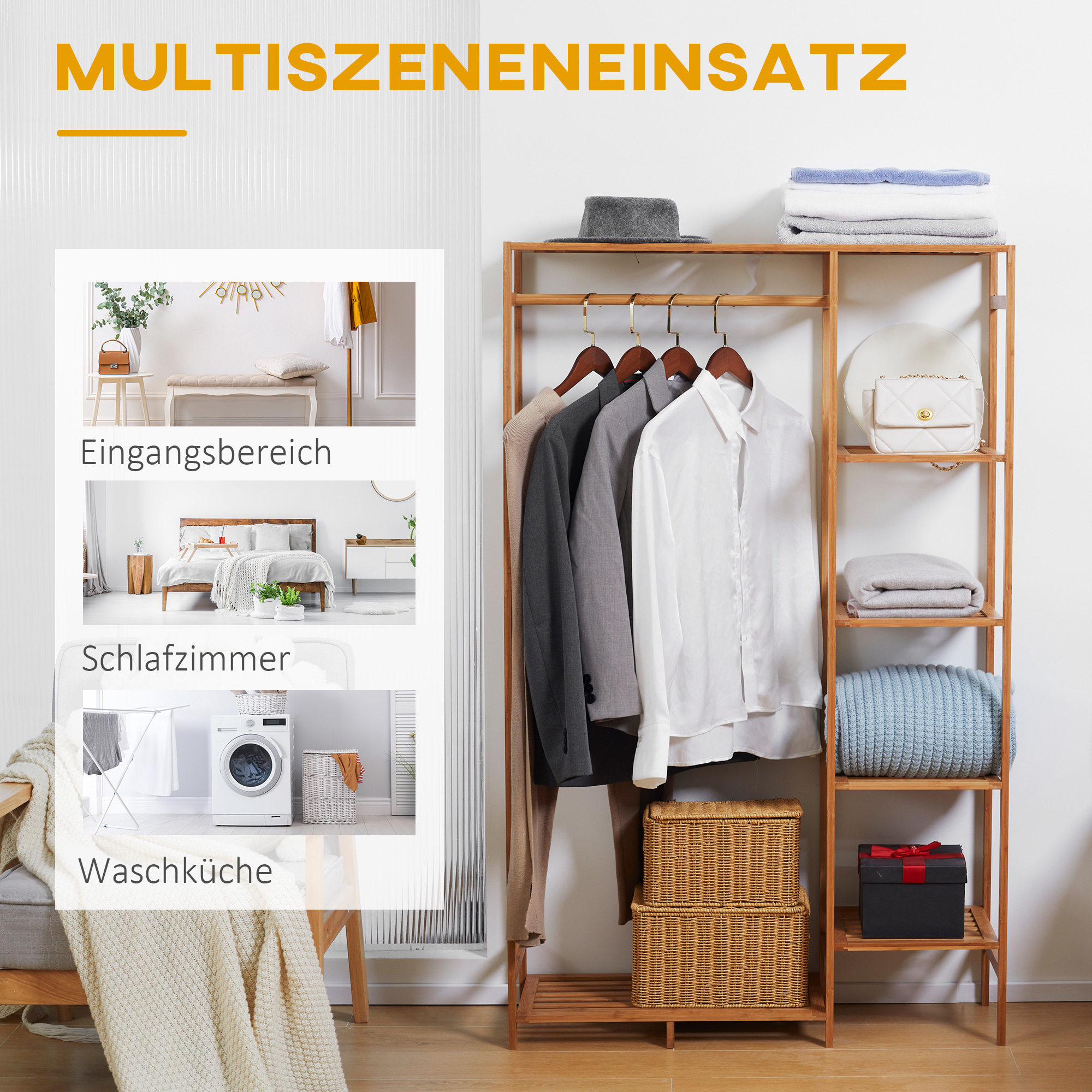 Kleiderständer Garderobenständer mit Kleiderstange, Schuhablag, Regal, Garderobe aus Bambus Naturholz