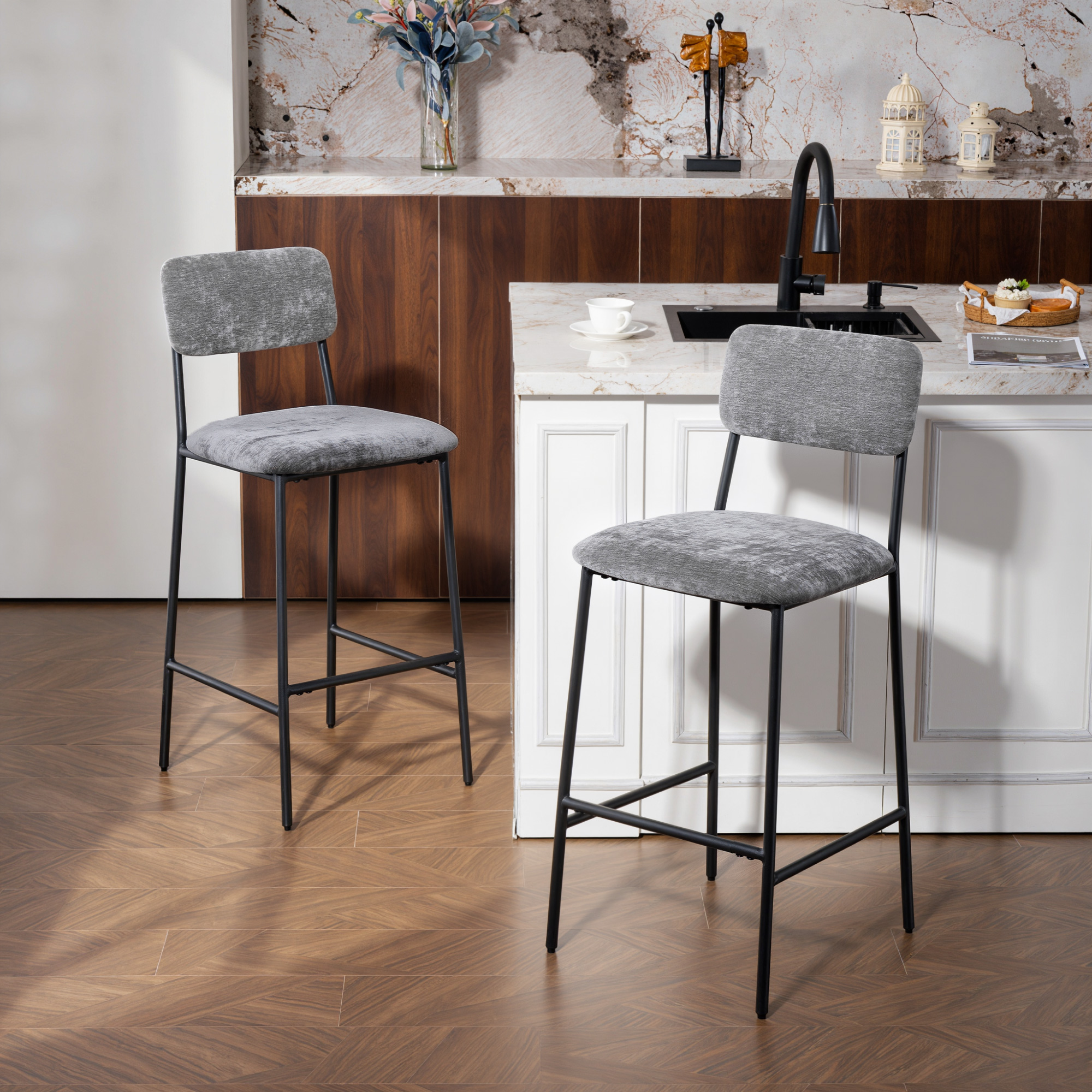 2er-Set Barstühle, gepolsterte Hochstühle für Küchentheke, Hausbar, Rückenlehne, Fußstütze, Stoffbezug, Stahl, Grau