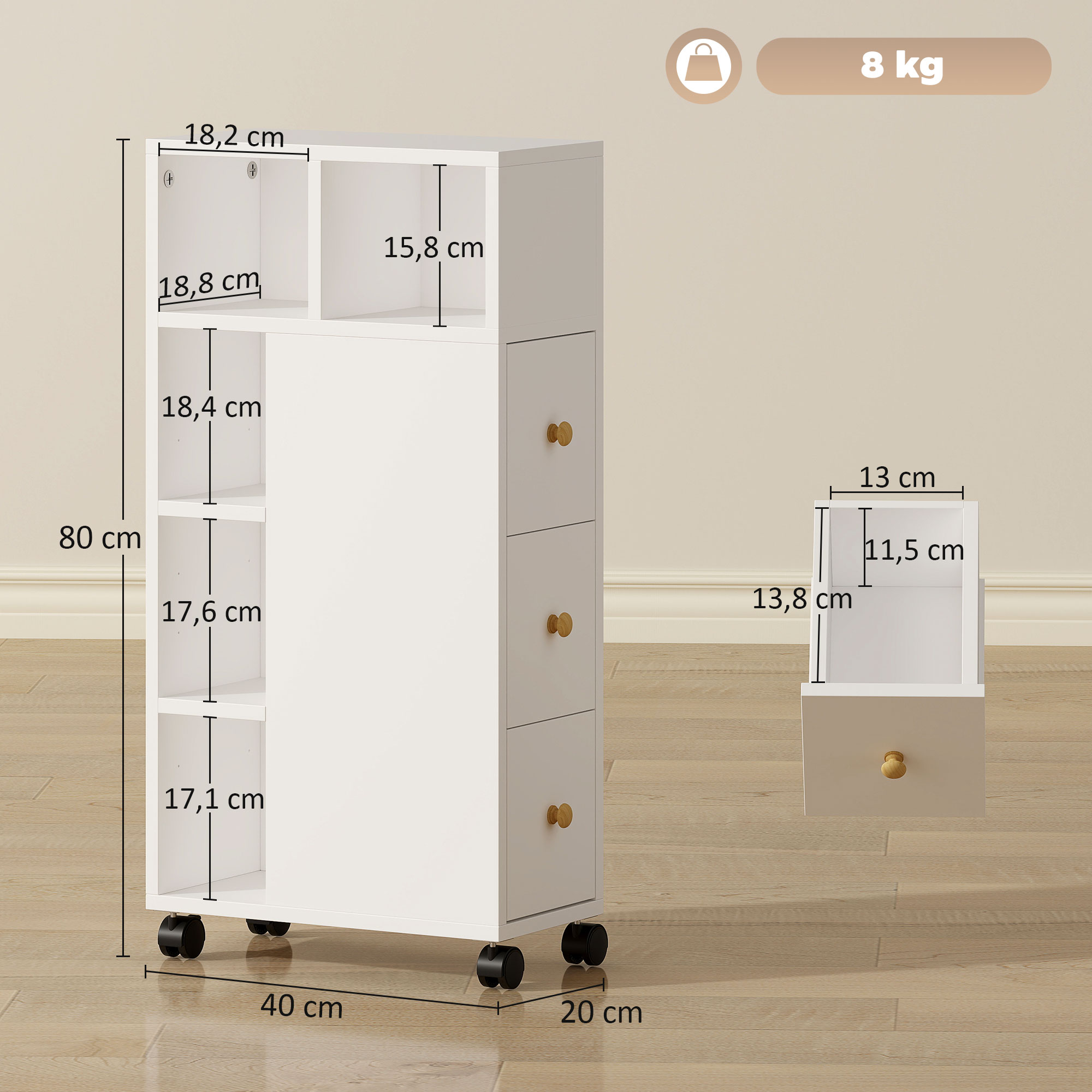 Badezimmerschrank Schmal, Badschrank mit 4 Rollen, 3 Schubladen, 5 offenen Fächern, 20x40x80cm, Weiß