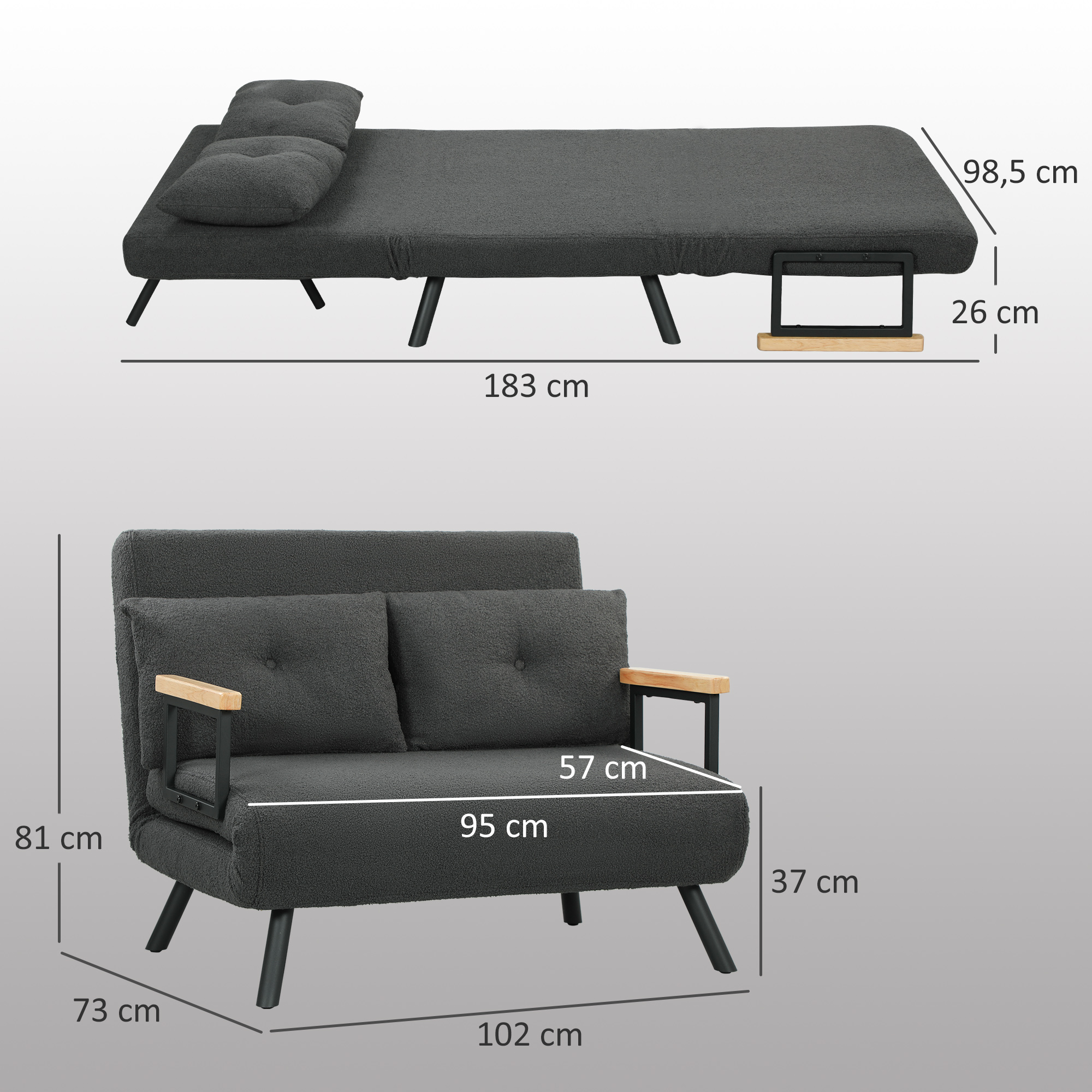Schlafsofa 2er-Sofa mit Schlaffunktion, inkl. 2 Kissen, Sherpa-Optik, Natur + Dunkelgrau + Schwarz