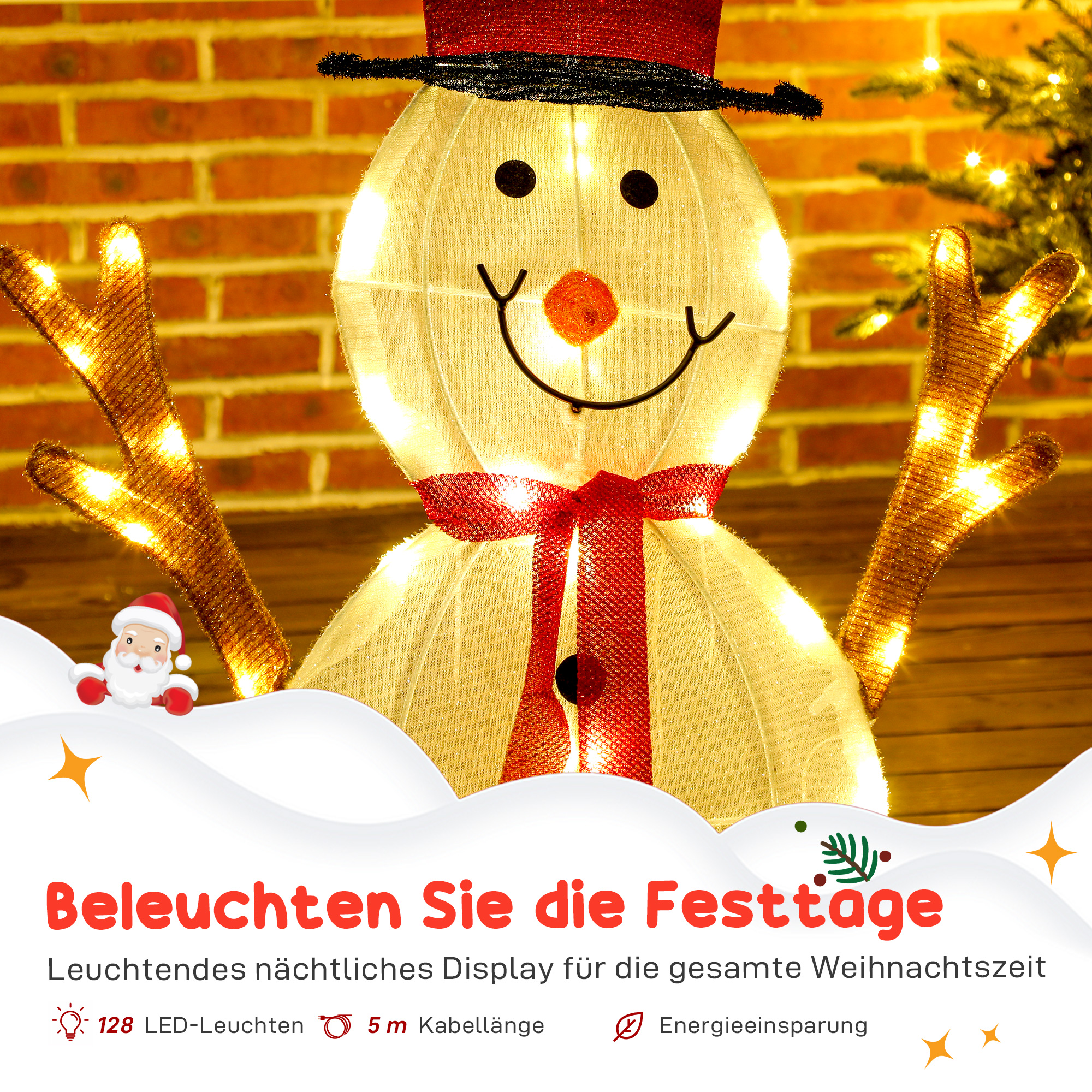 3-teilige weihnachtliche Schneemann-Familie, Außendekoration, LED-Lichter, Bodenpfähle, wasserfest, Stahl, Polyester, Weiß