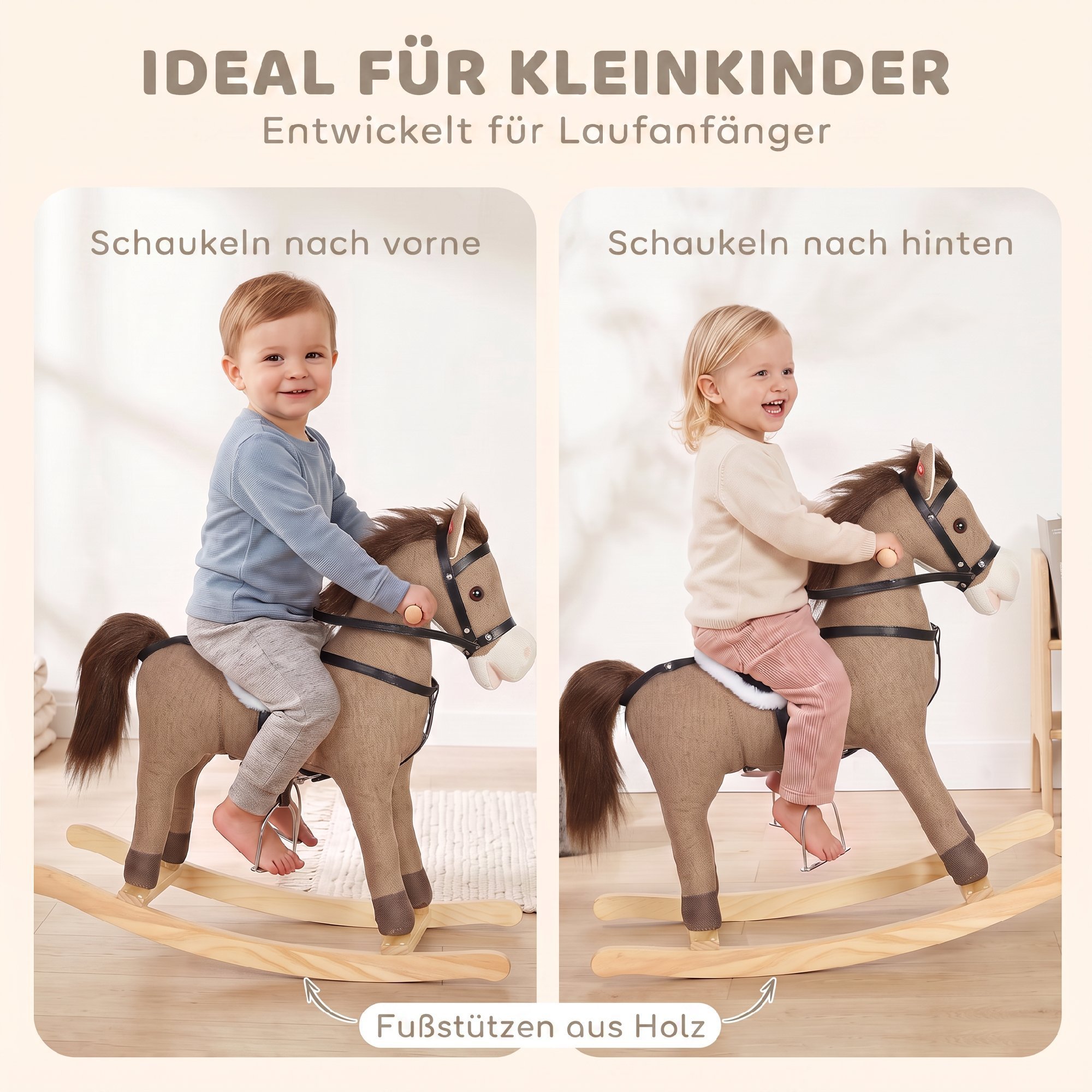 Schaukelpferd mit Sound und Sicherheitsgriffen, Reitpferd mit Holzgestell für Kleinkinder von 12–36 Monaten, Dunkelbraun