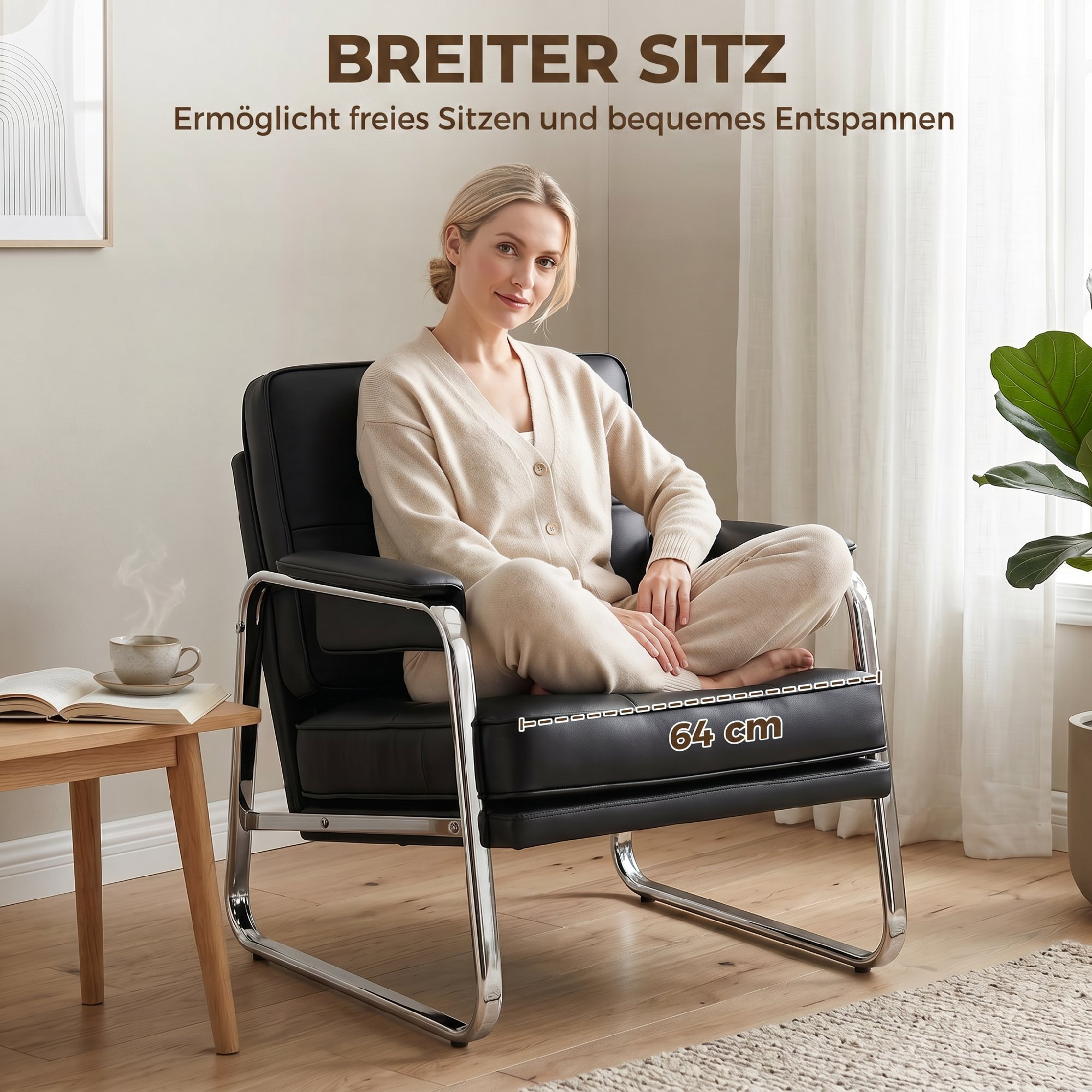 Sessel Loungesessel mit breiter Sitz, Armlehnen, Stahlbeinen, aus Kunstleder für Wohnzimmer, Schlafzimmer, Schwarz