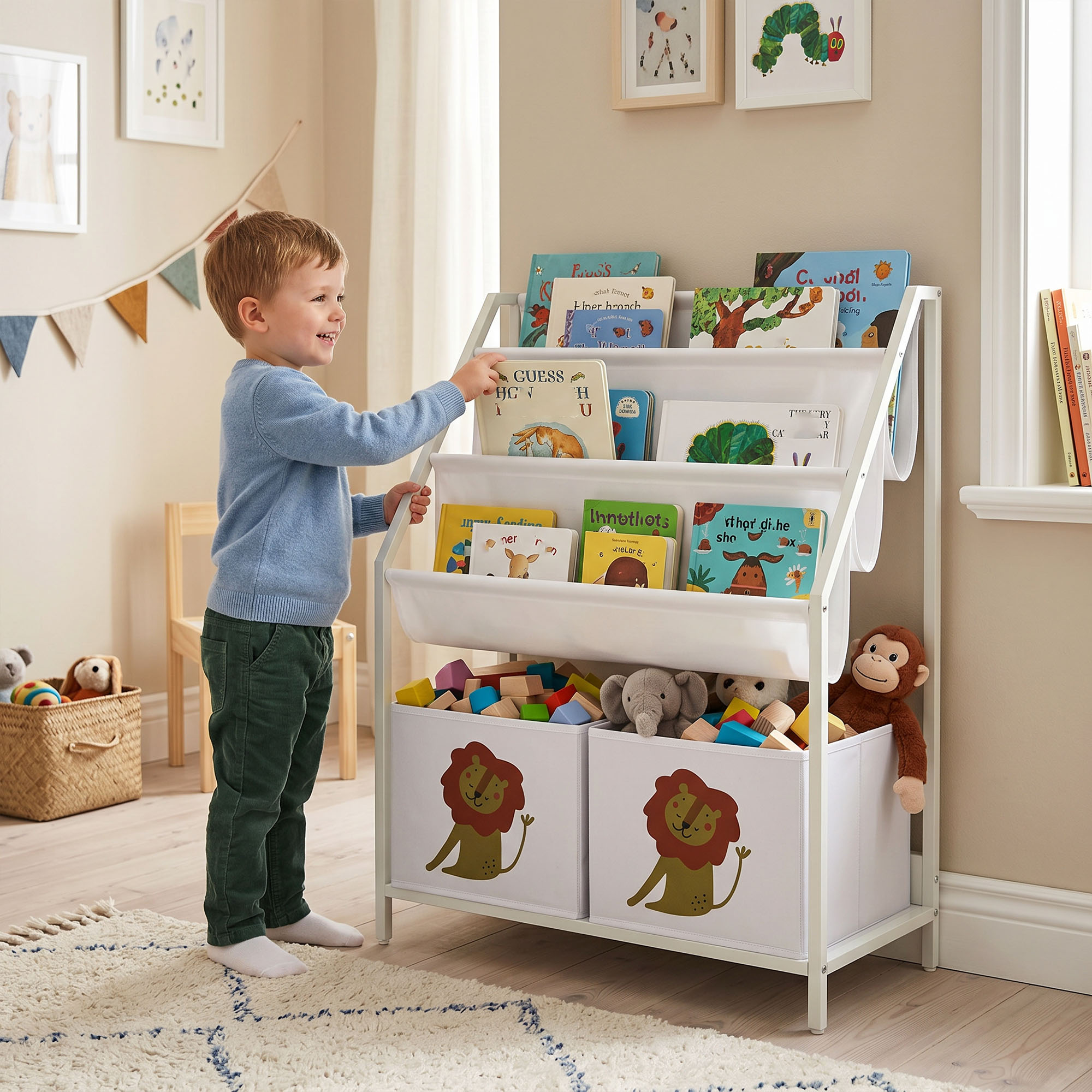 Bücherregal für Kinder Kinderregal mit 2 offenen Fächer 3 Hängeregale 60 x 30 x 76 cm Weiß