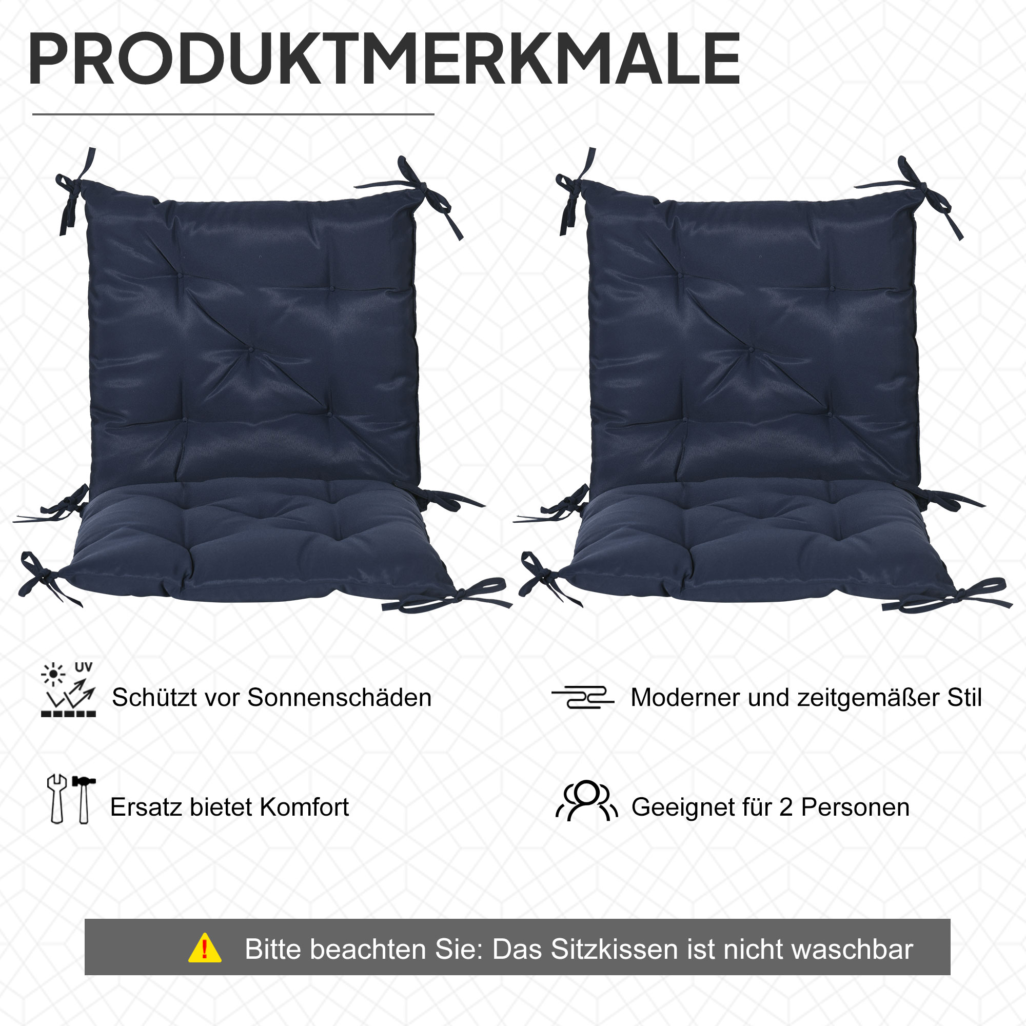 2er-Set Sitzkissen, 98 x 50 cm Stuhlkissen mit Bindebänder, Stoffbezug, 8cm dick Dunkelblau