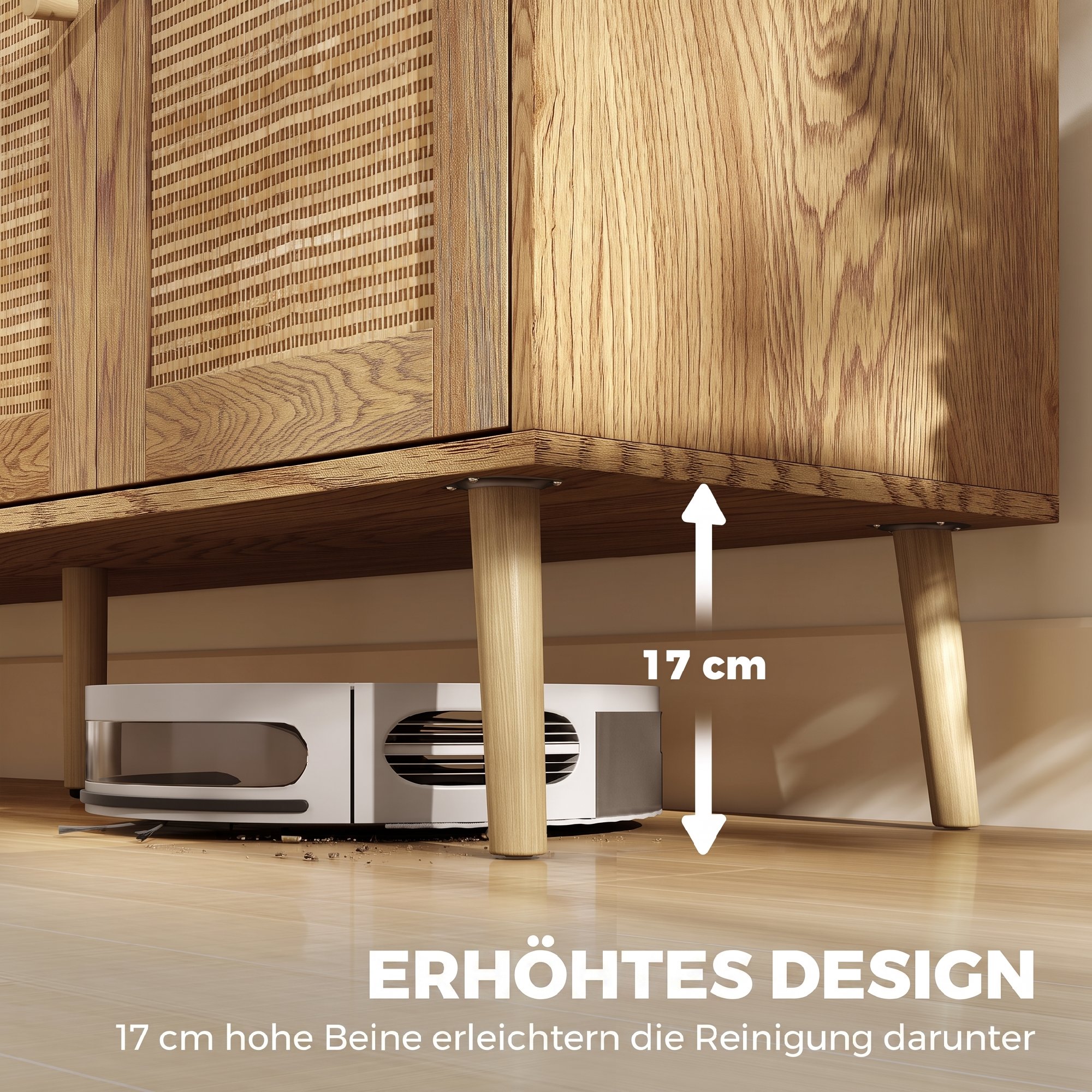 Rattan Sideboard mit 4 Türen, Boho Küchenbuffet mit 2 verstellbaren Einlegeböden, Holzoptik natur