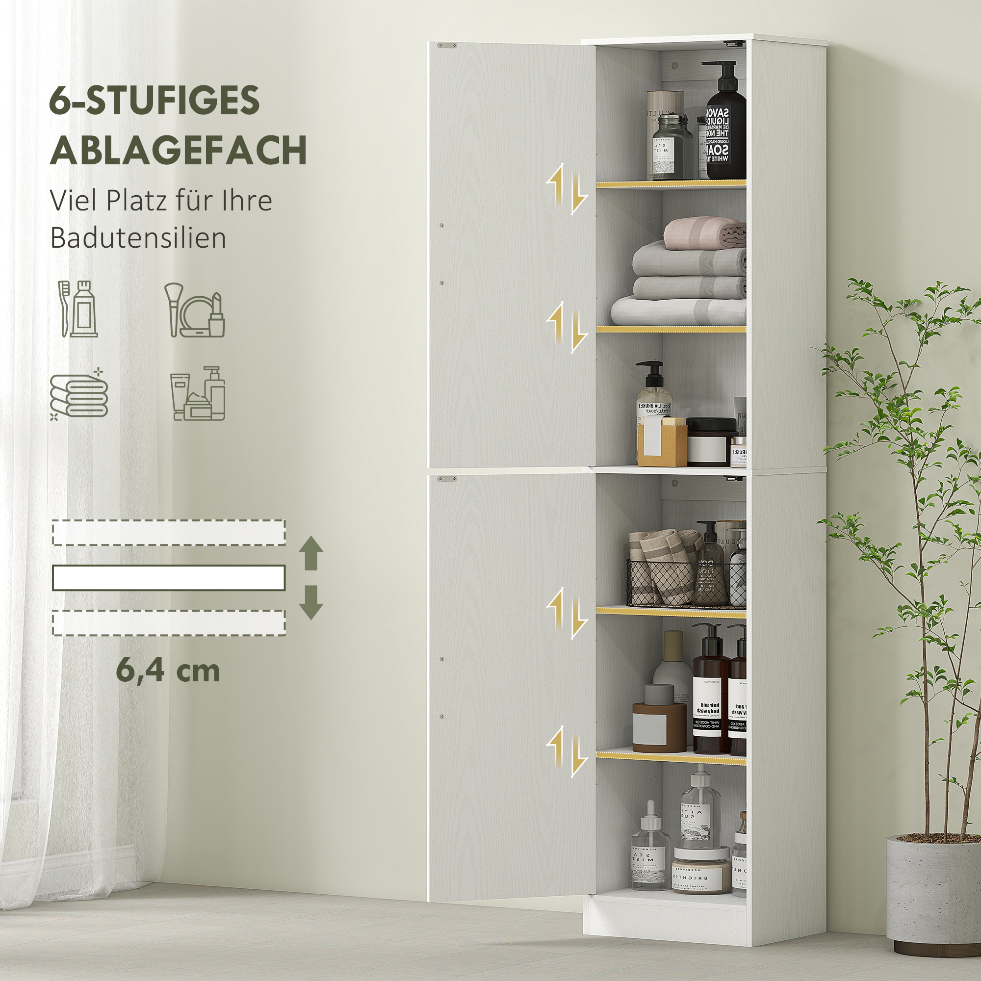 180 cm hoher Badezimmerschrank, schmaler Badschrank mit 2 Türen, 4 verstellbare Regale, Spanplatte, MDF, Weiß