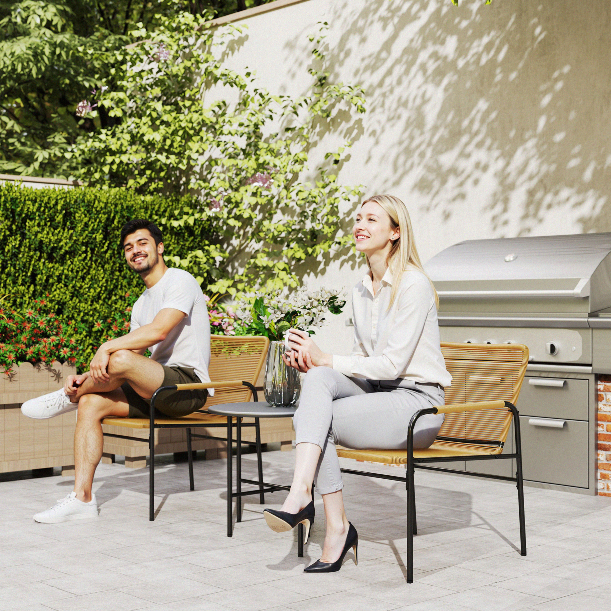 3-tlg. Rattan Bistroset, Sitzgruppe, Gartengarnitur mit 2 Gartensesseln, Couchtisch 54 x 66 x 76 cm Gelb