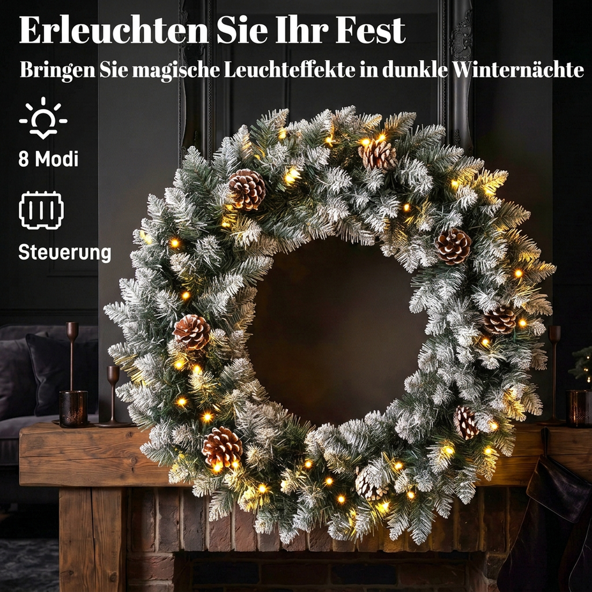 Weihnachtskranz 60 cm Beleuchtet Türkranz mit 50 LEDs Zapfen Kunstschnee für Weihnachten Advent Haustür