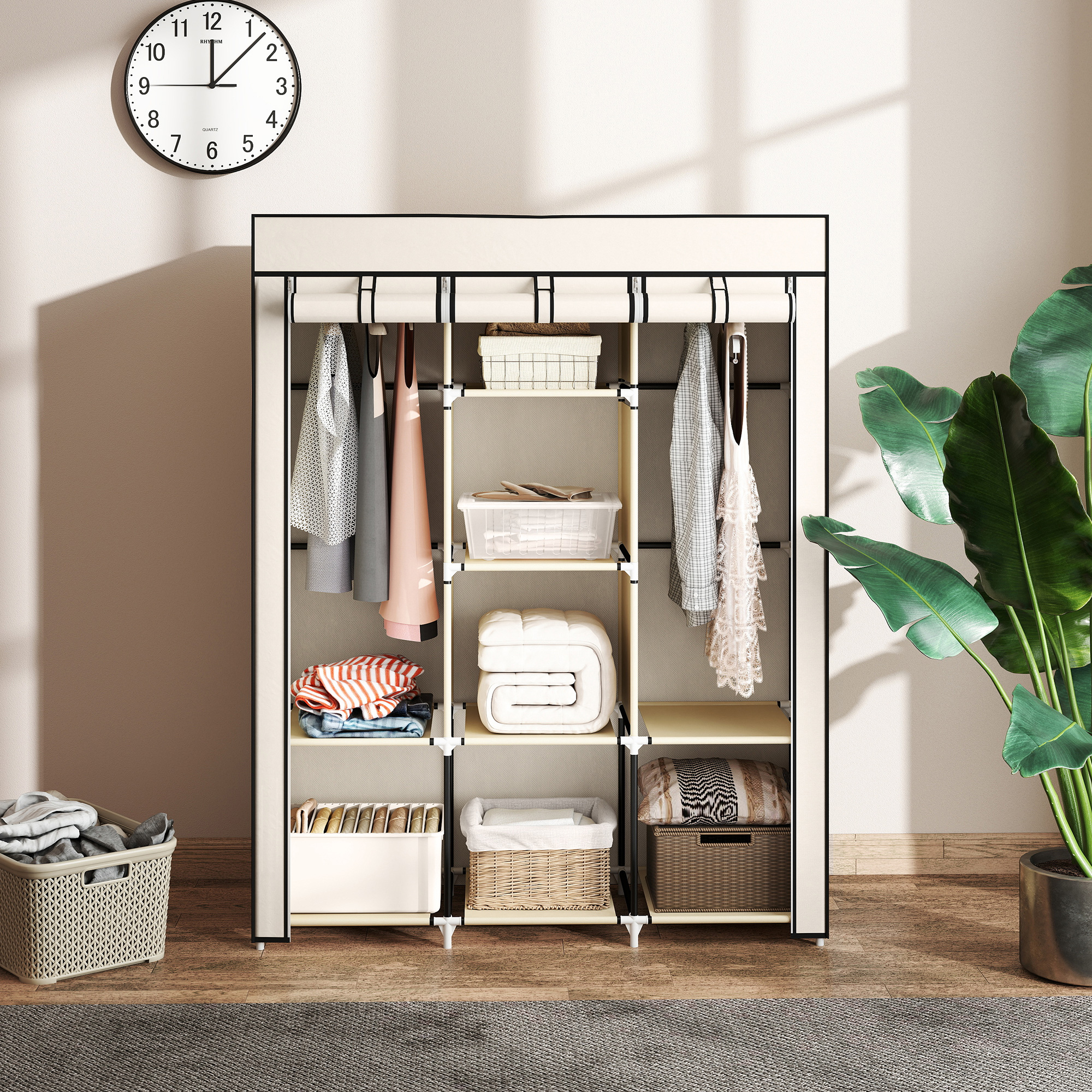 Schrank aus Stoff, Aufbewahrungslösung, 8 Regale, 2 Kleiderstangen, Cremeweiß