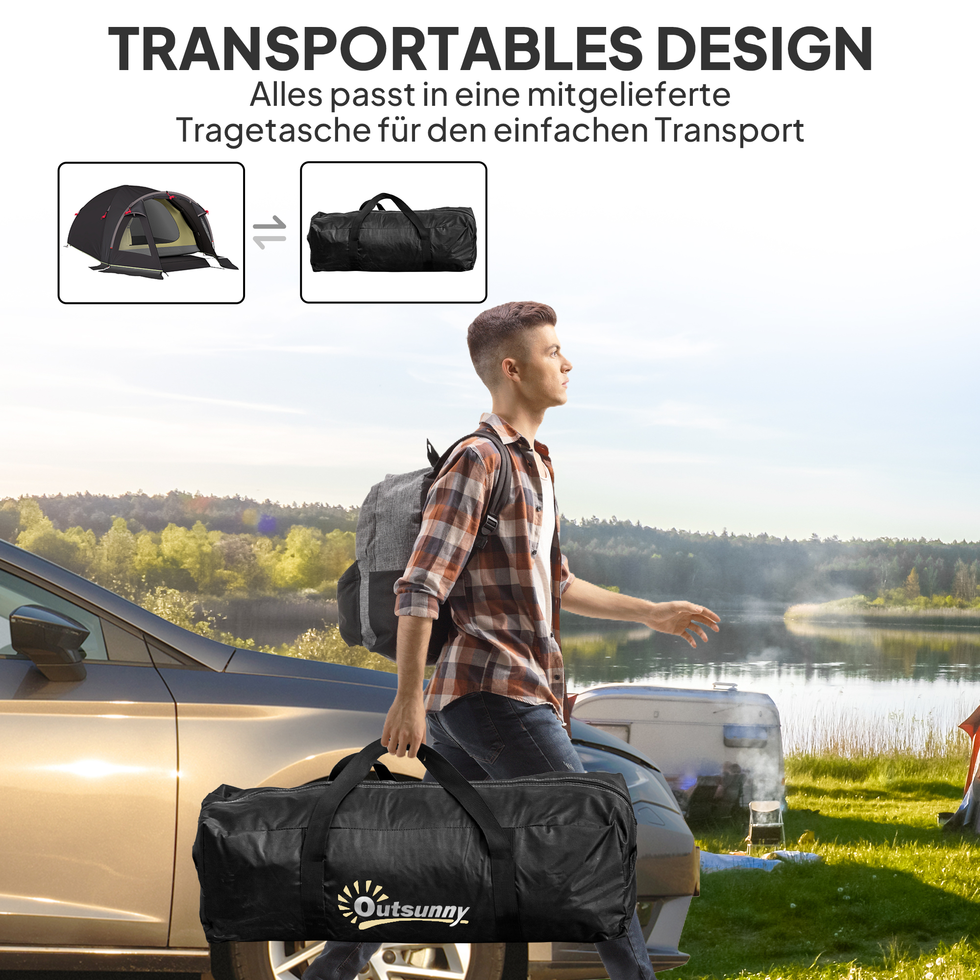 Campingzelt für 2 Personen leicht, stabil UV 50+ Tunnelzelt mit Vordach Seitentür&Fenster Schwarz