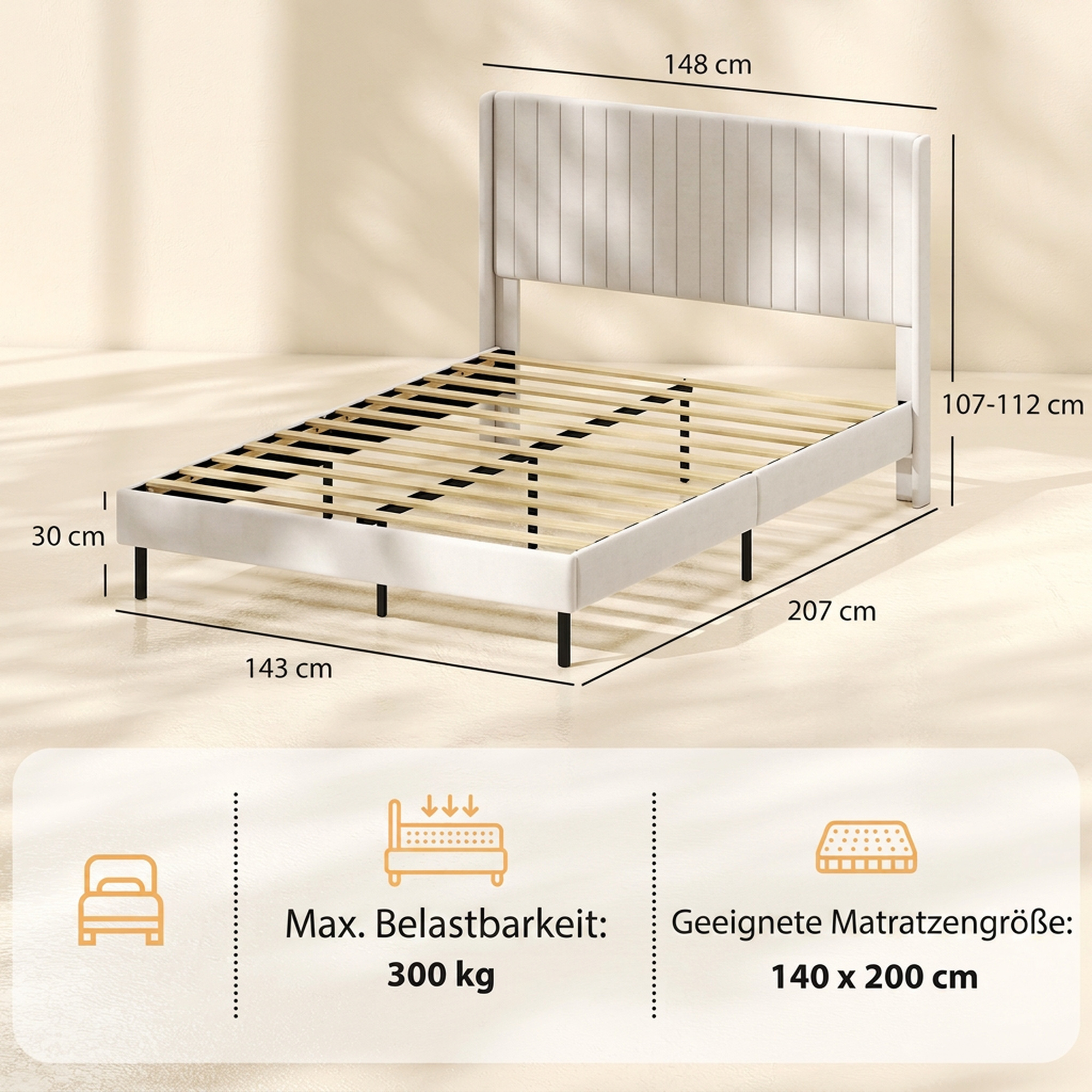Bettgestell 140 x 200 cm mit verstellbarem Kopfteil, Polsterbett mit 12 Latten, Beige