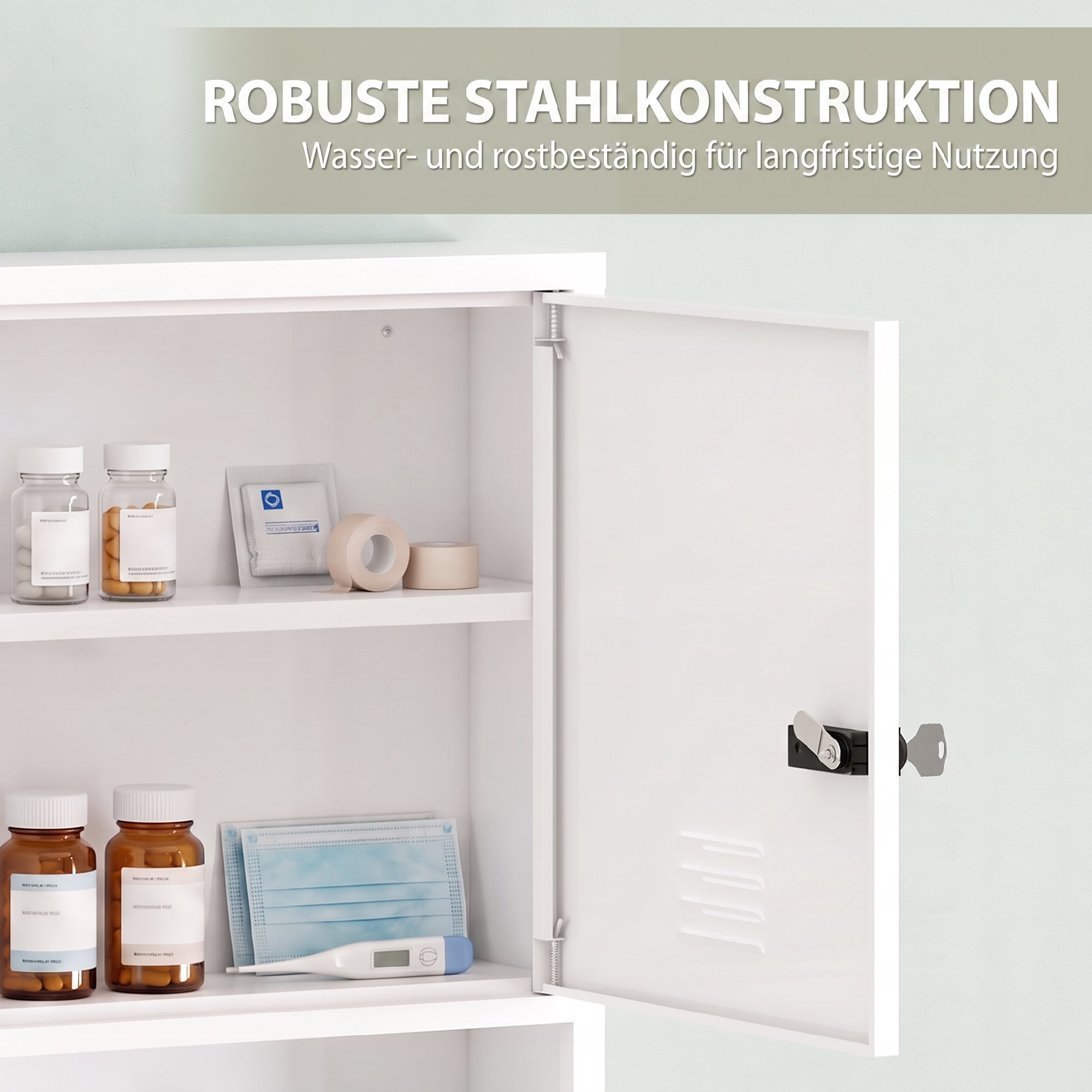 Medizinschrank zur Wandmontage mit Zahlenschloss und Schlüssel, 3-stufig, abschließbar, Weiß