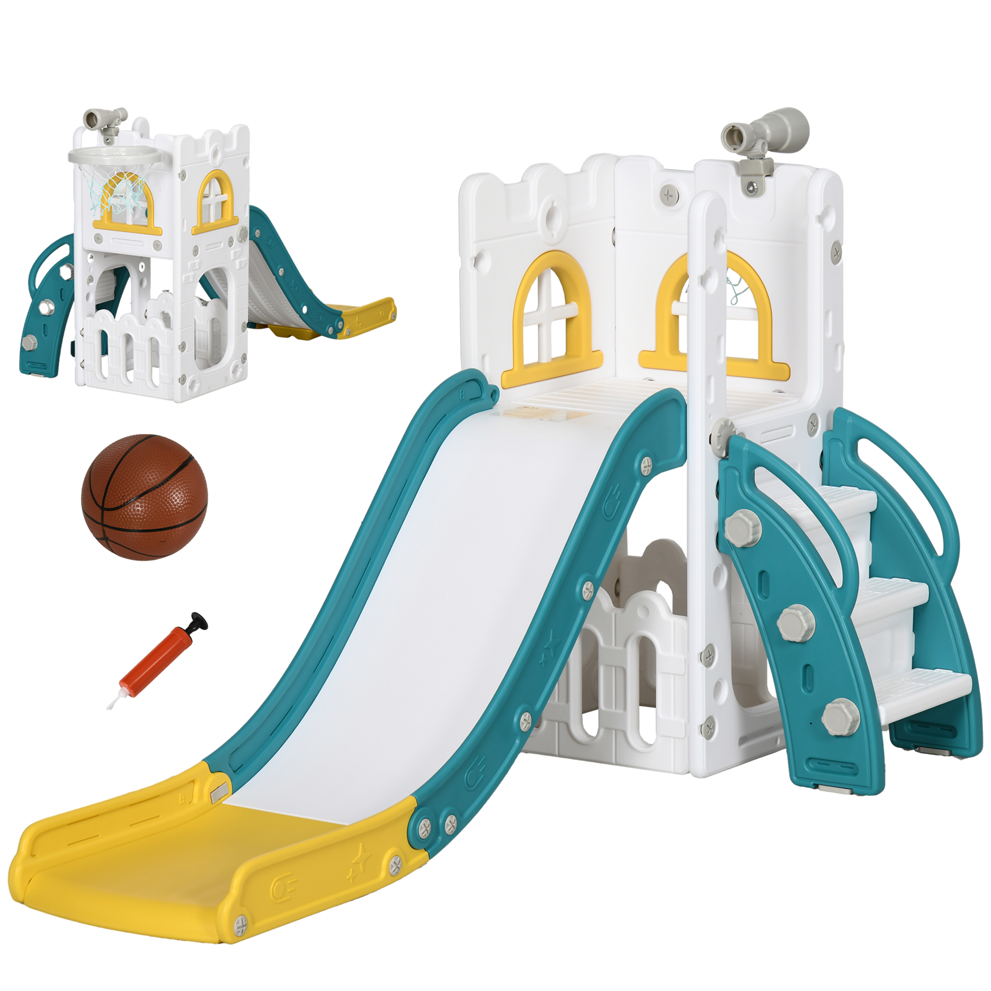 Kinderrutsche, 4 in 1, Kleinkinderrutsche mit Basketballkorb, Teleskop Klettergerüst Gelb 70 x 177 x 92 cm Kinderrutsche, 4 in 1, Kleinkinderrutsche mit Basketballkorb, Teleskop Klettergerüst Gelb 70 x 177 x 92 cm