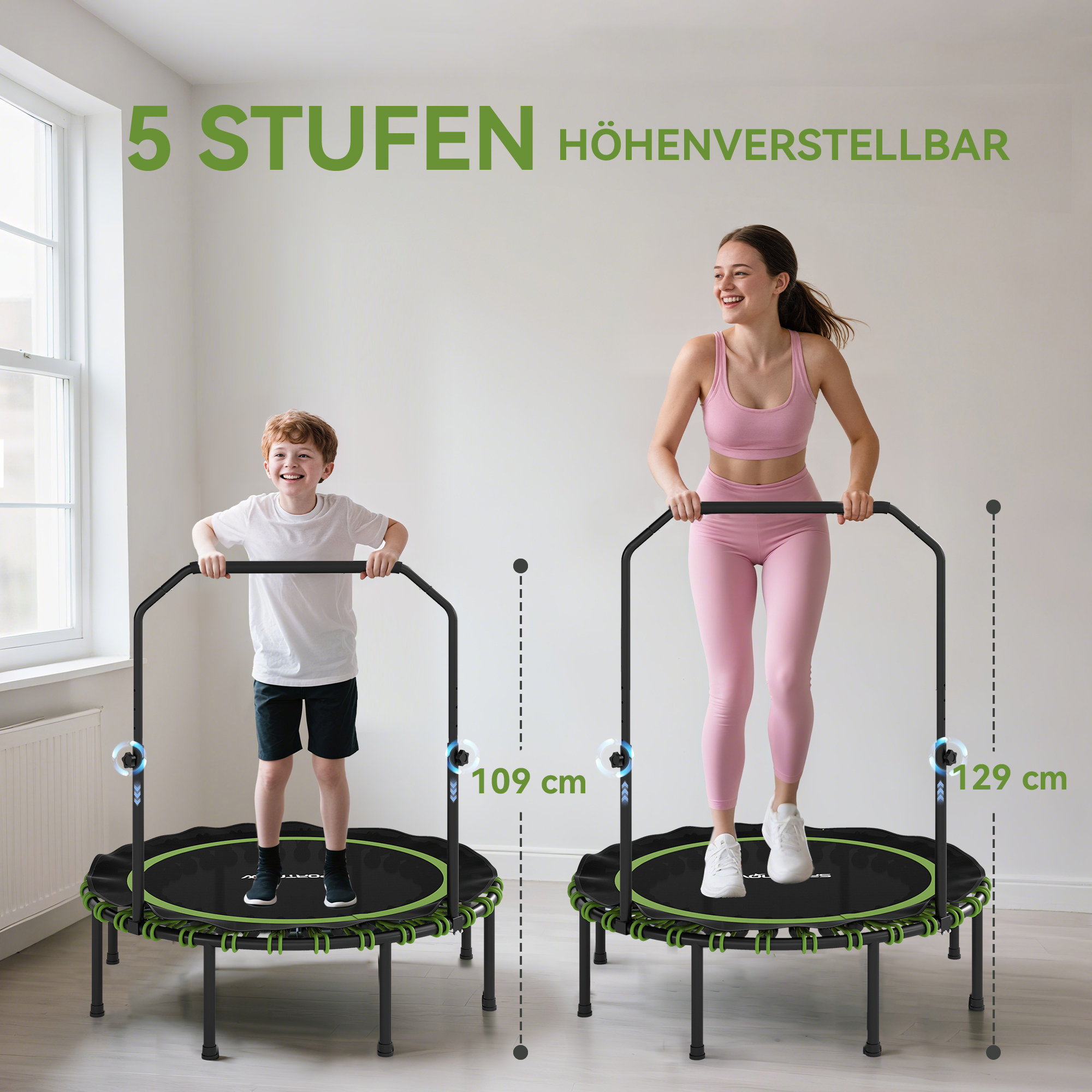 Fitness-Trampolin mit verstellbarem Handlauf, Sport-Trampolin für drinnen und draußen, Stahl, Kunststoff, Grün