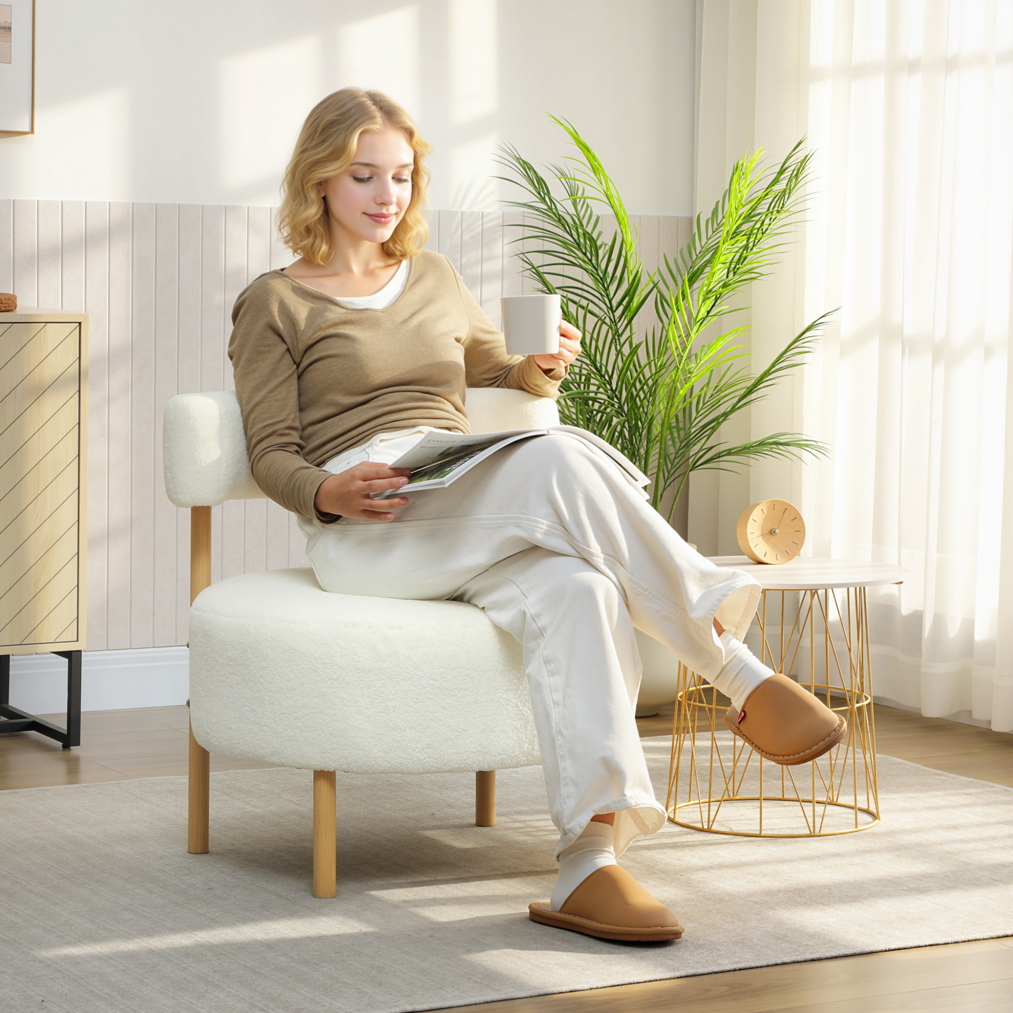 Sessel Loungesessel Relaxsessel mit Sherpa-Fleece, Metallbeinen in Holzoptik Polstersessel 67 x 67 x 71 cm Cremeweiß