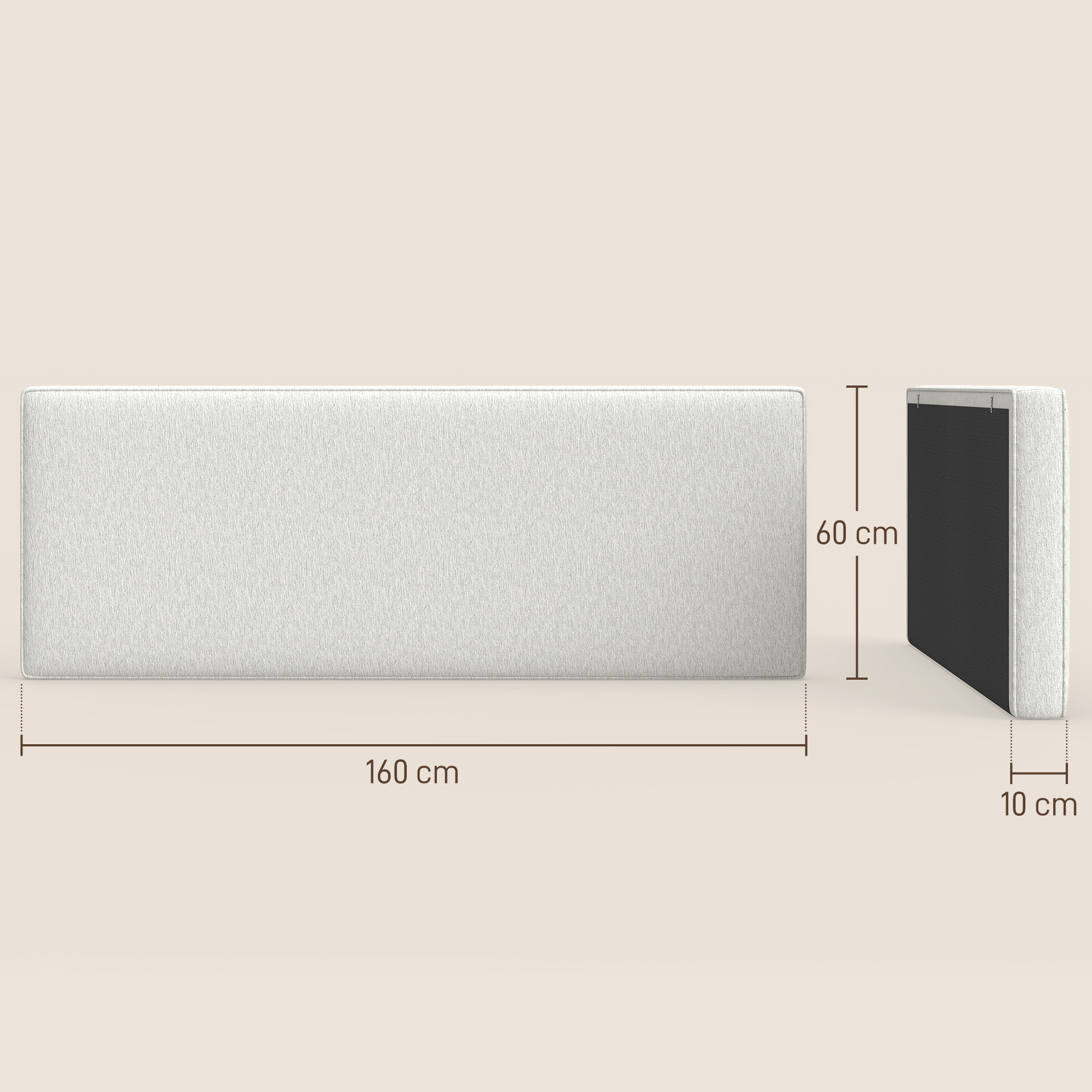 Wandmontiertes Kopfteil für Bett-Polsterung, 160 x 10 x 60 cm, Stoffbezug, Cremeweiß