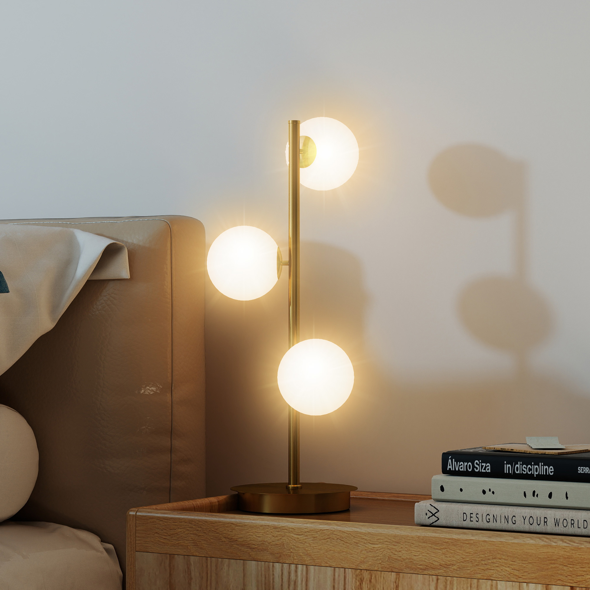 Tischlampe Tischleuchte mit 3 Kugelschirmen, mit stabilem Stahlfuß, G9-Fassungen, 24 x 24 x 53 cm, Messing