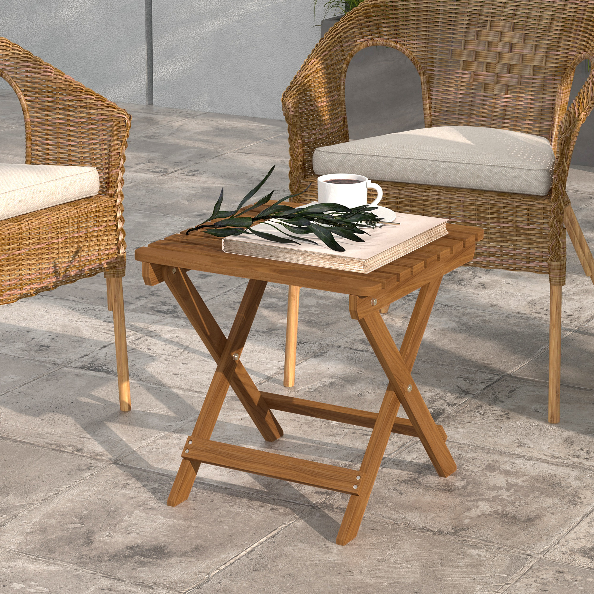 Terrassentisch-Set, 2 Klapptische aus Akazienholz, 45x45x45cm, Teak