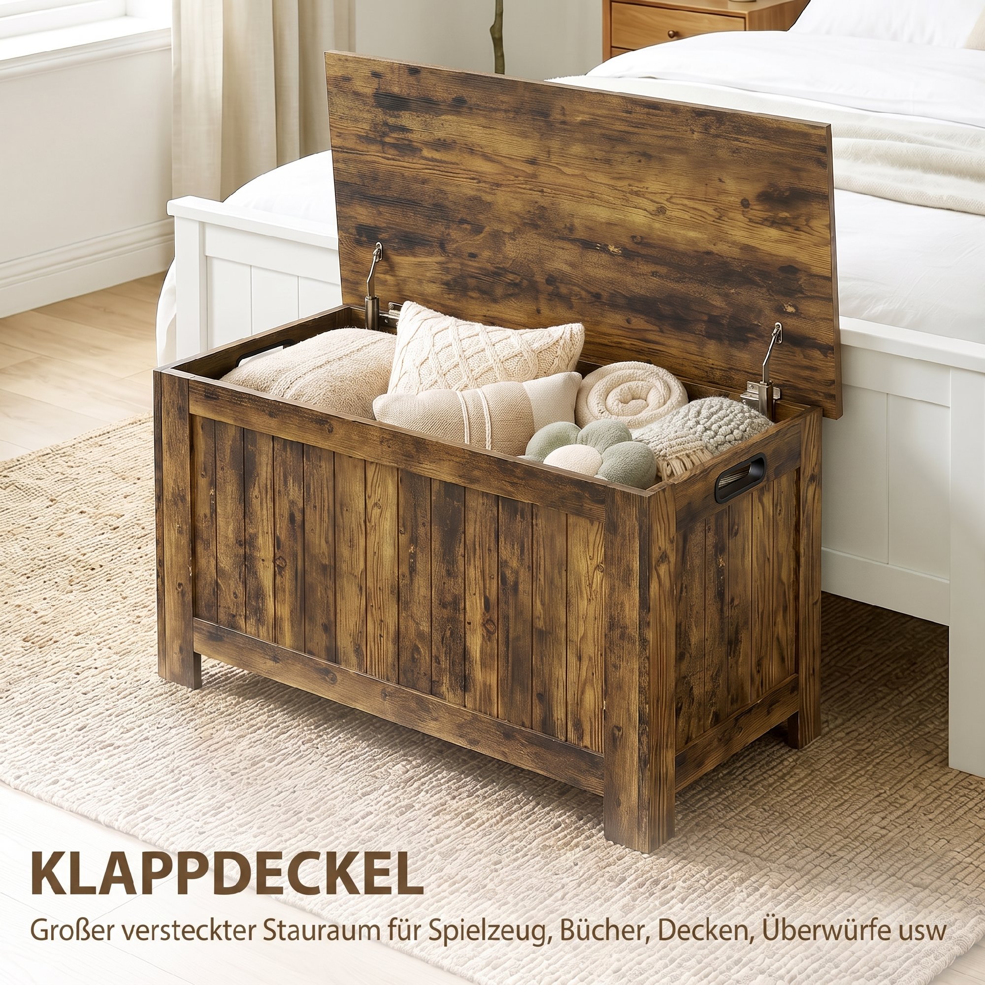 Aufbewahrungstruhe mit Klappdeckel, Spielzeugkiste mit Sicherheits-Scharnieren, rustikales Braun