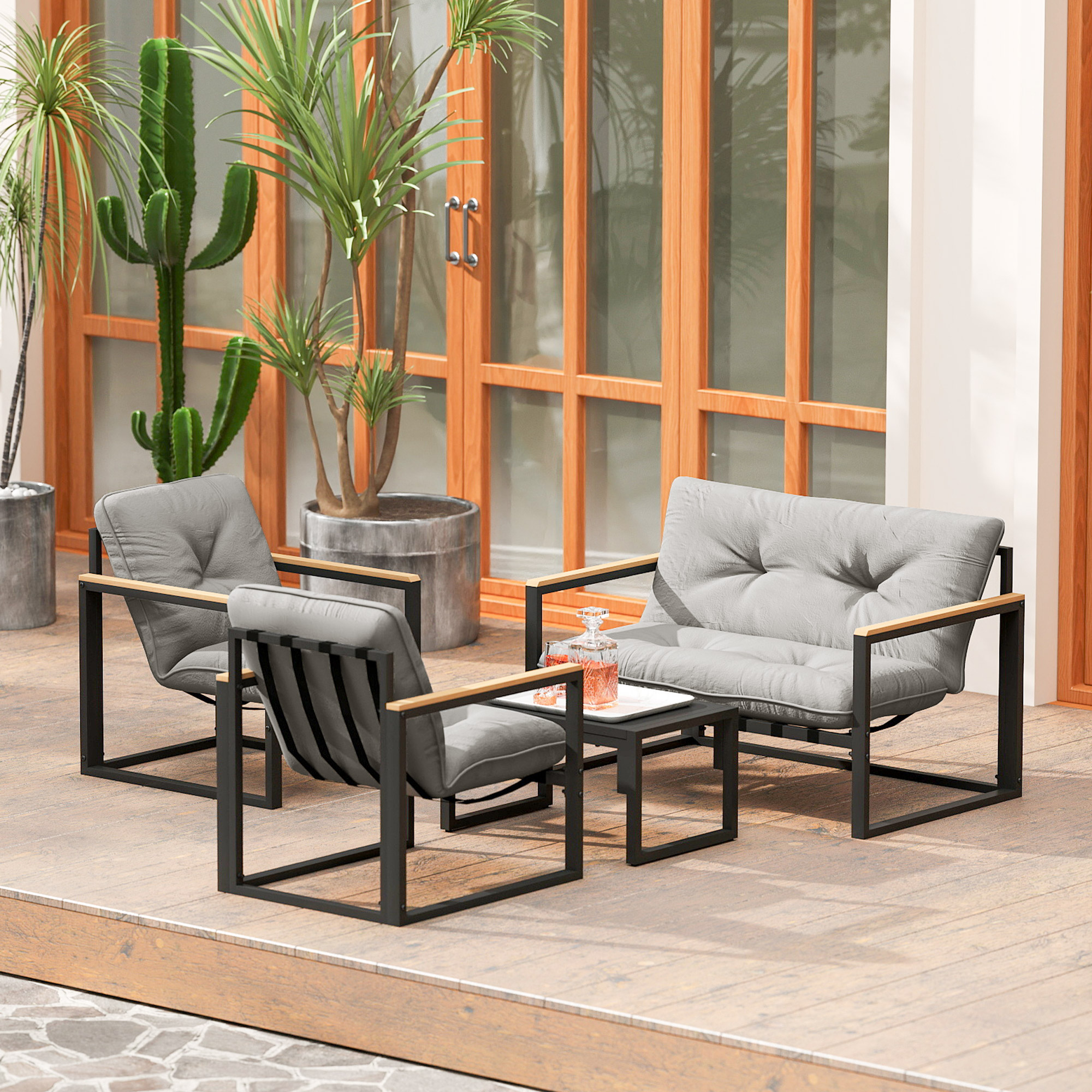 Gartenmöbel Set 4 Personen wetterfest Balkonmöbel-Set mit 2er Sofa, Sessel Sitzkissen Hellgrau