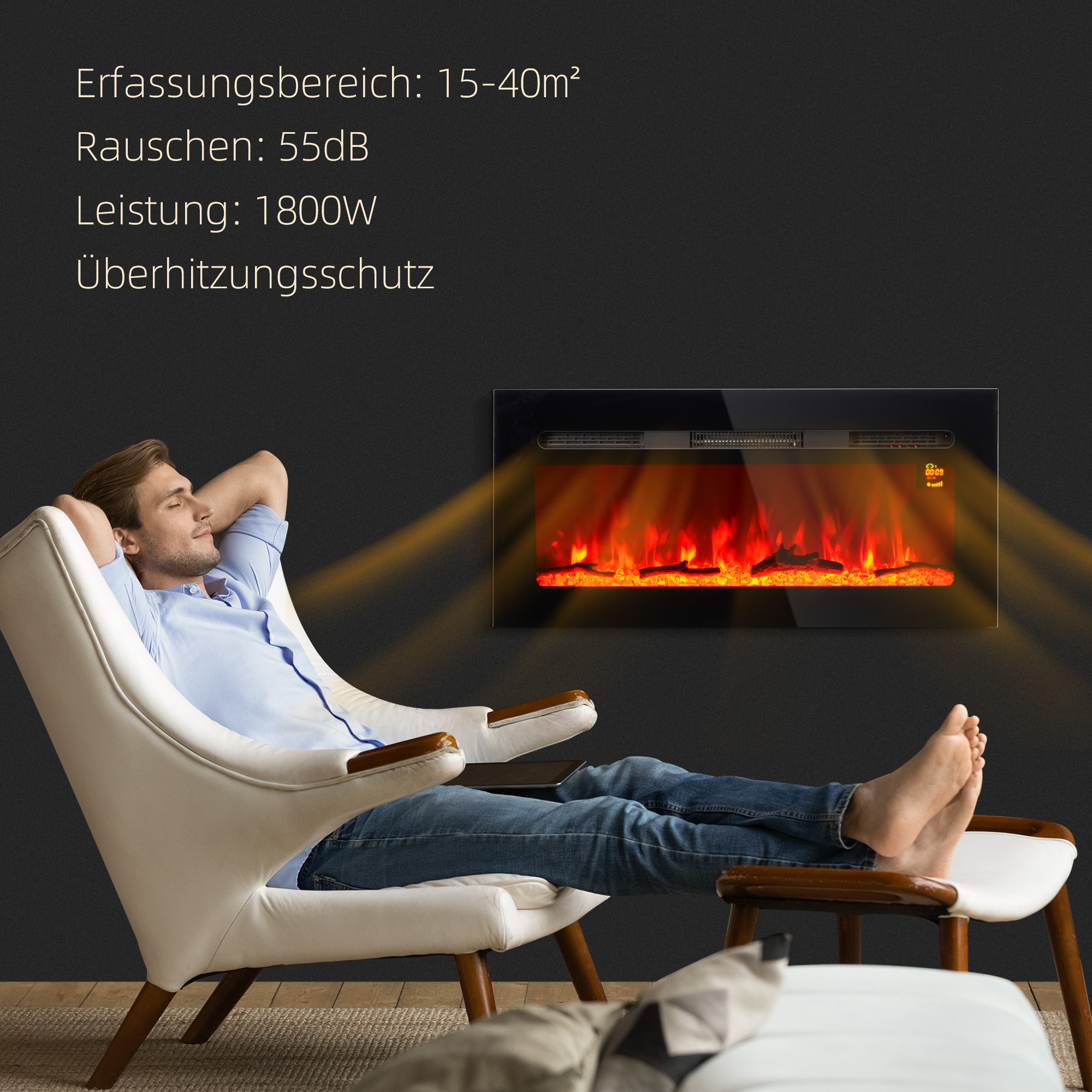 Elektrischer Kamin mit Wandhalterung und Fernbedienung, künstliche Holzscheite und Kristalle, 1800W Leistung, Schwarz