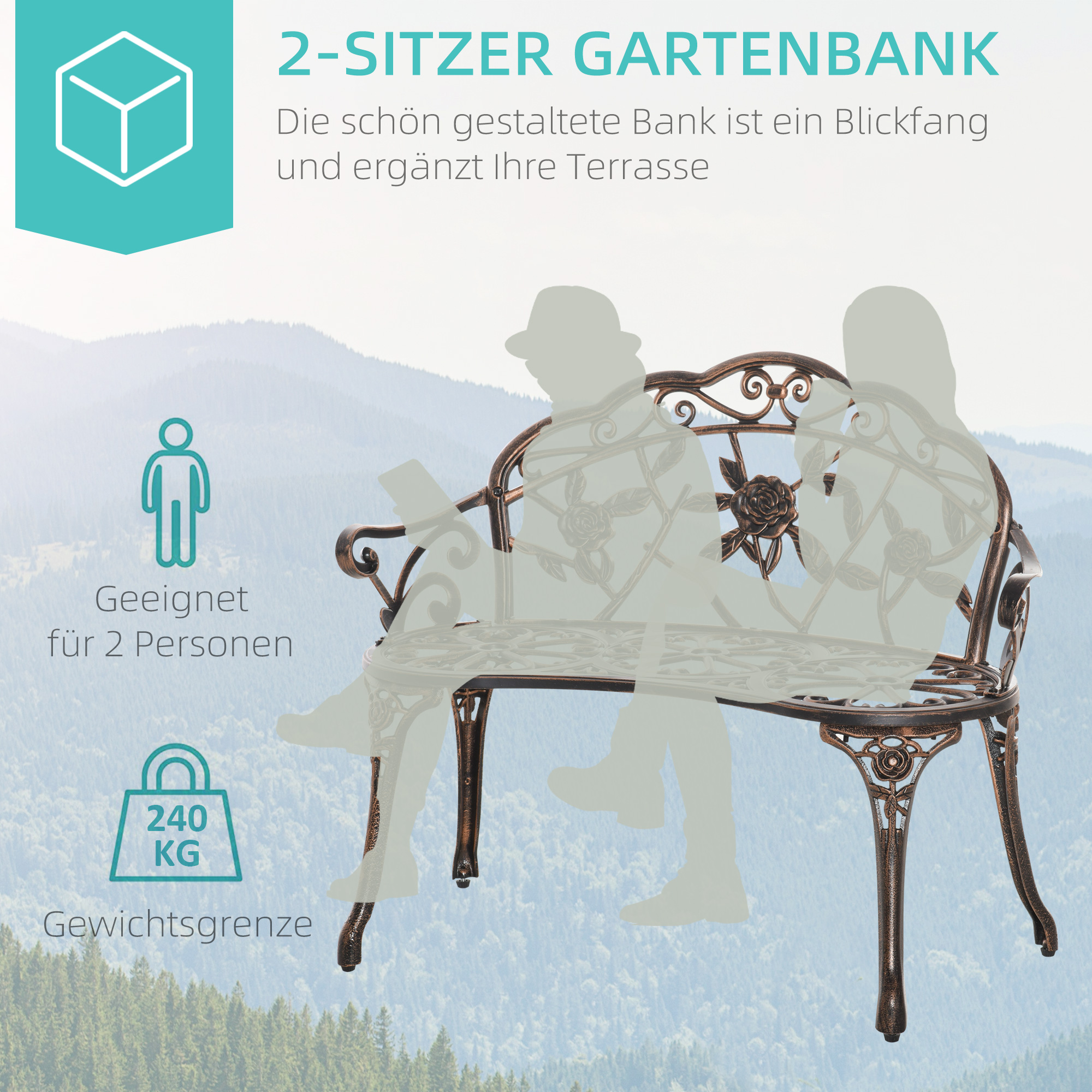 Gartenbank 2-Sitzer aus Metall, Sitzbank im Retro Stil, Parkbank mit Blumenmuster 100 x 54 x 78 cm, Bronze