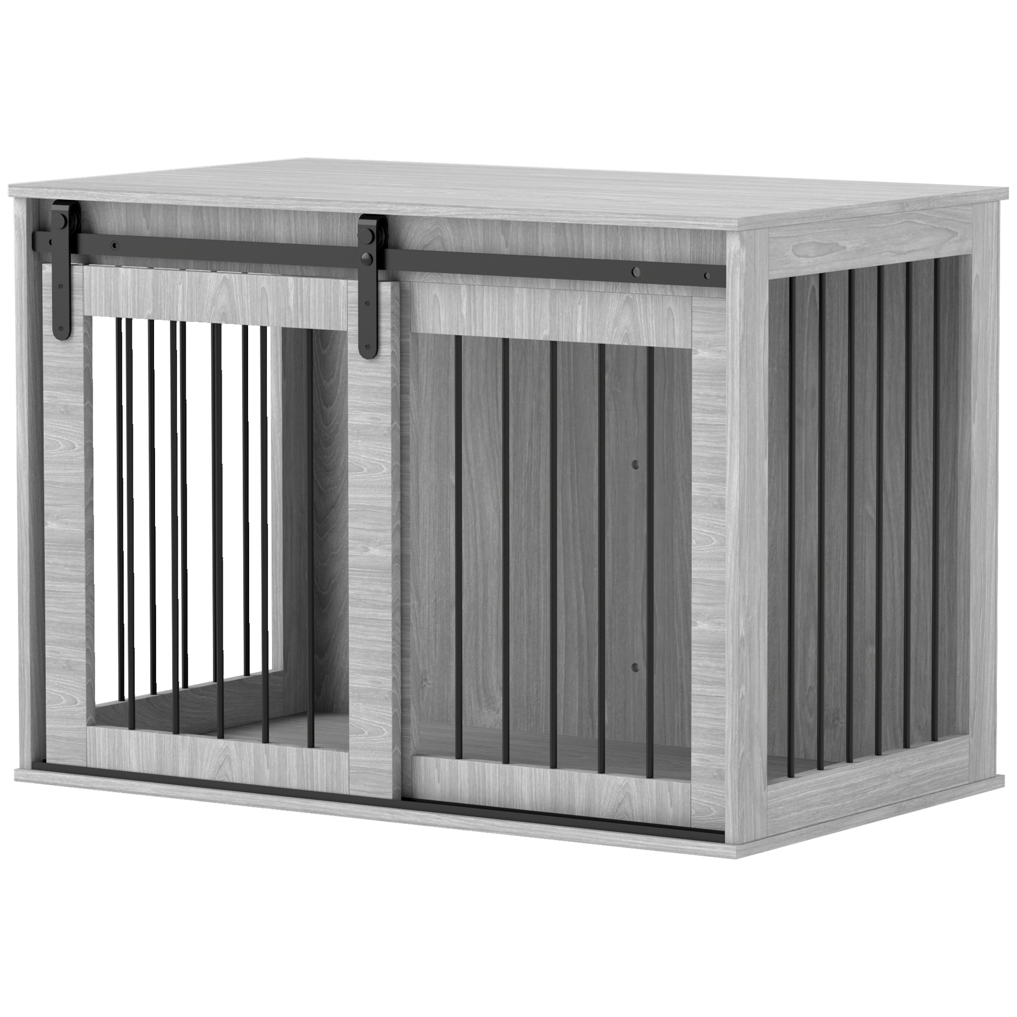 Hundebox mit Schiebetür, Belüftung, Spanplatte und Stahl, 98 x 58 x 61 cm, Grau Hundebox mit Schiebetür, Belüftung, Spanplatte und Stahl, 98 x 58 x 61 cm, Grau